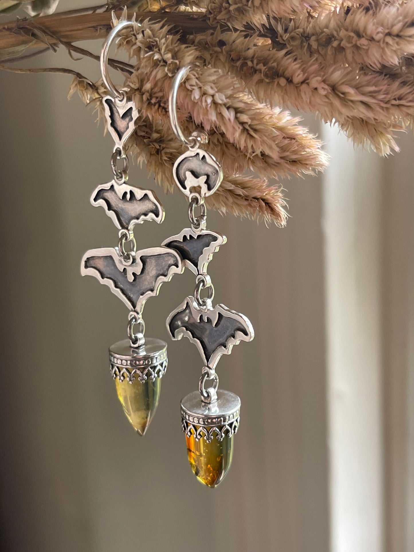 Into the Night: Mexican Amber Bullet Bat Hoop Stud Earrings