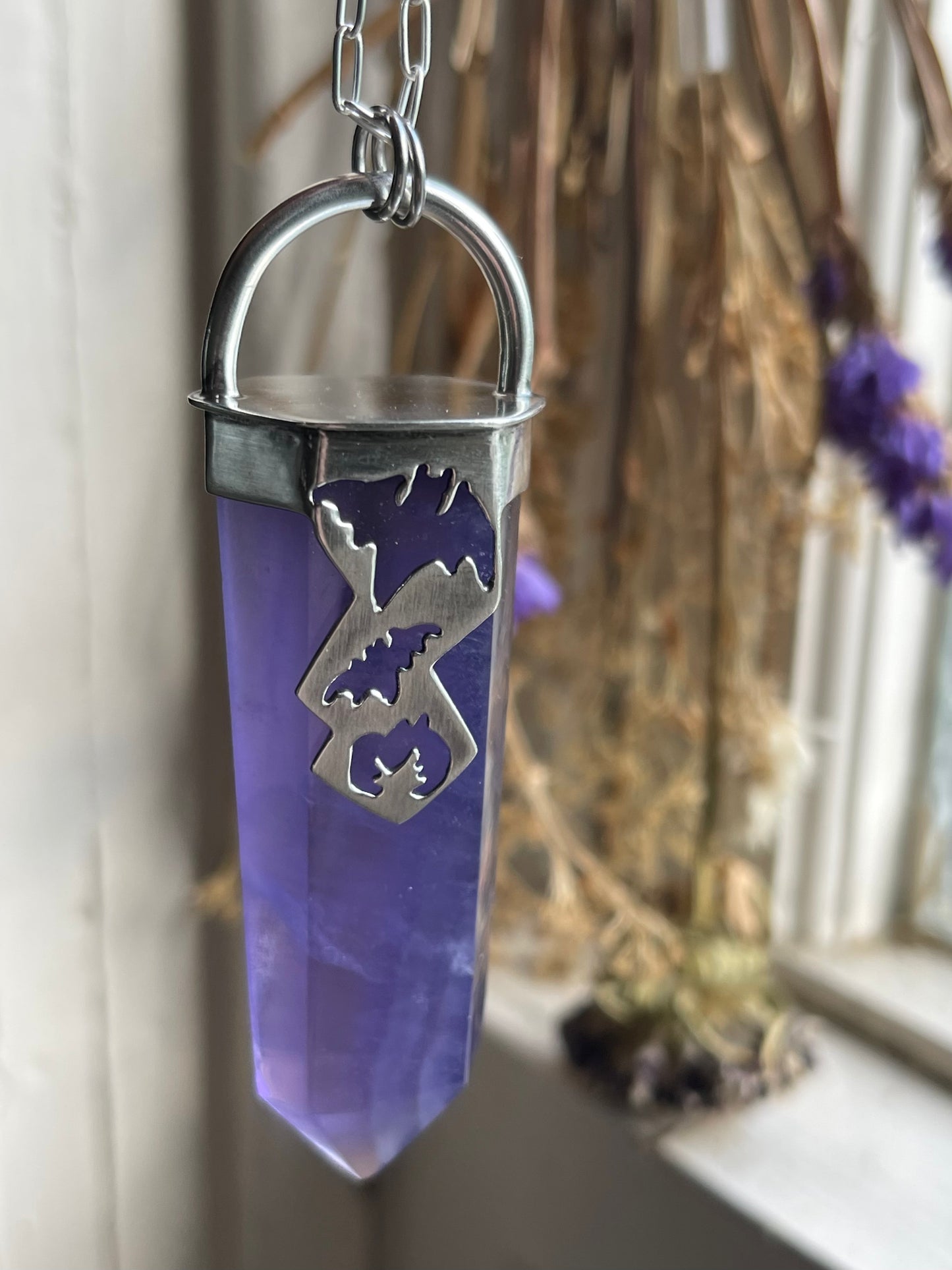 Graveyard Flowers: Purple Fluorite Crystal Batty Statement Pendant