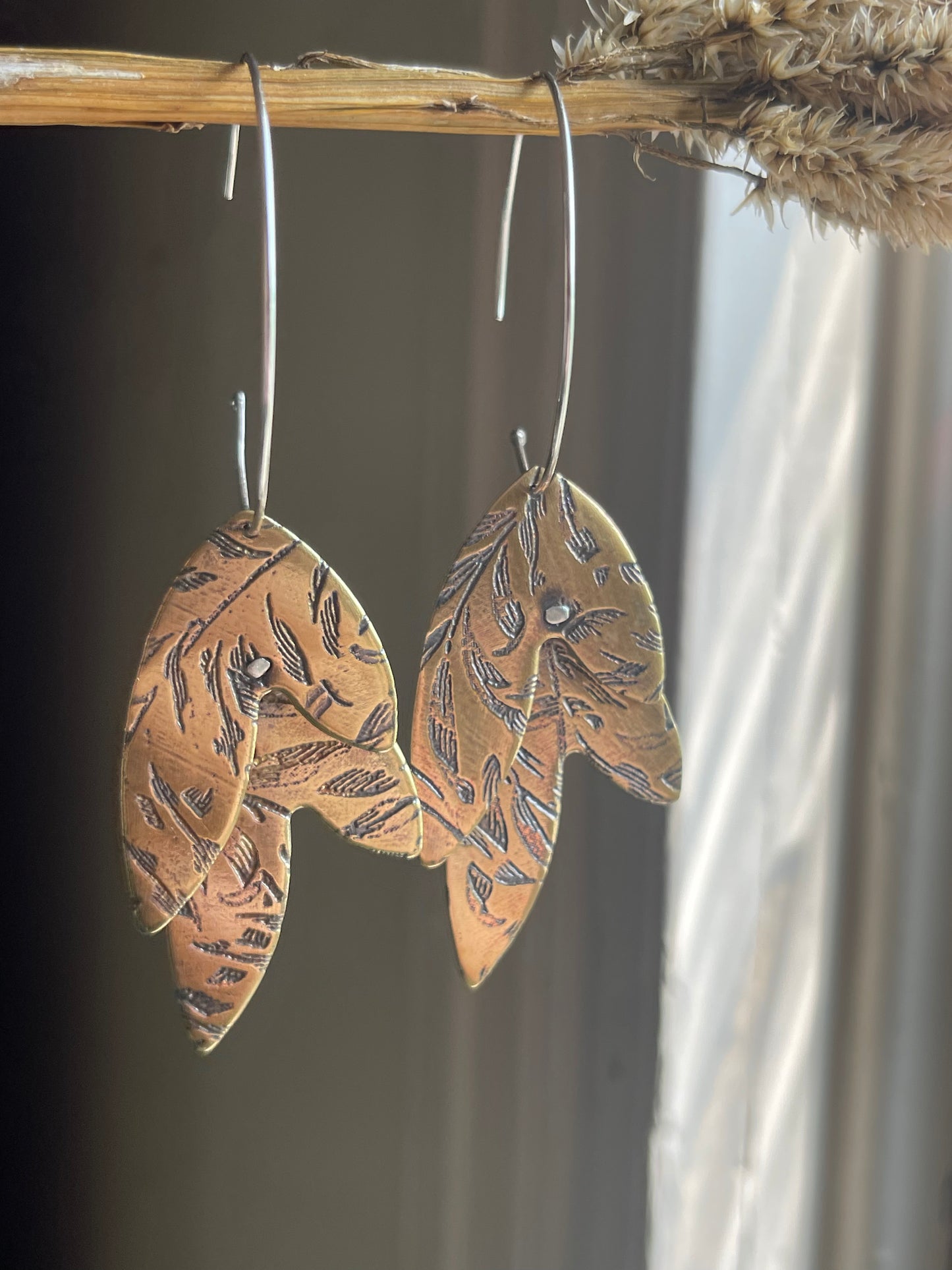 Etched Leaves Metal Hoop Dangle Earrings