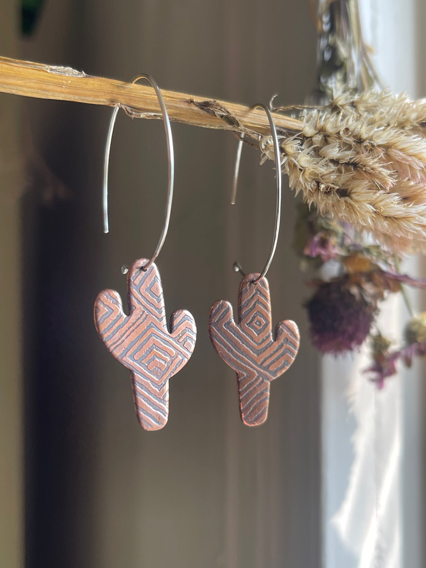 Etched Cactus Hoop Dangle Earrings