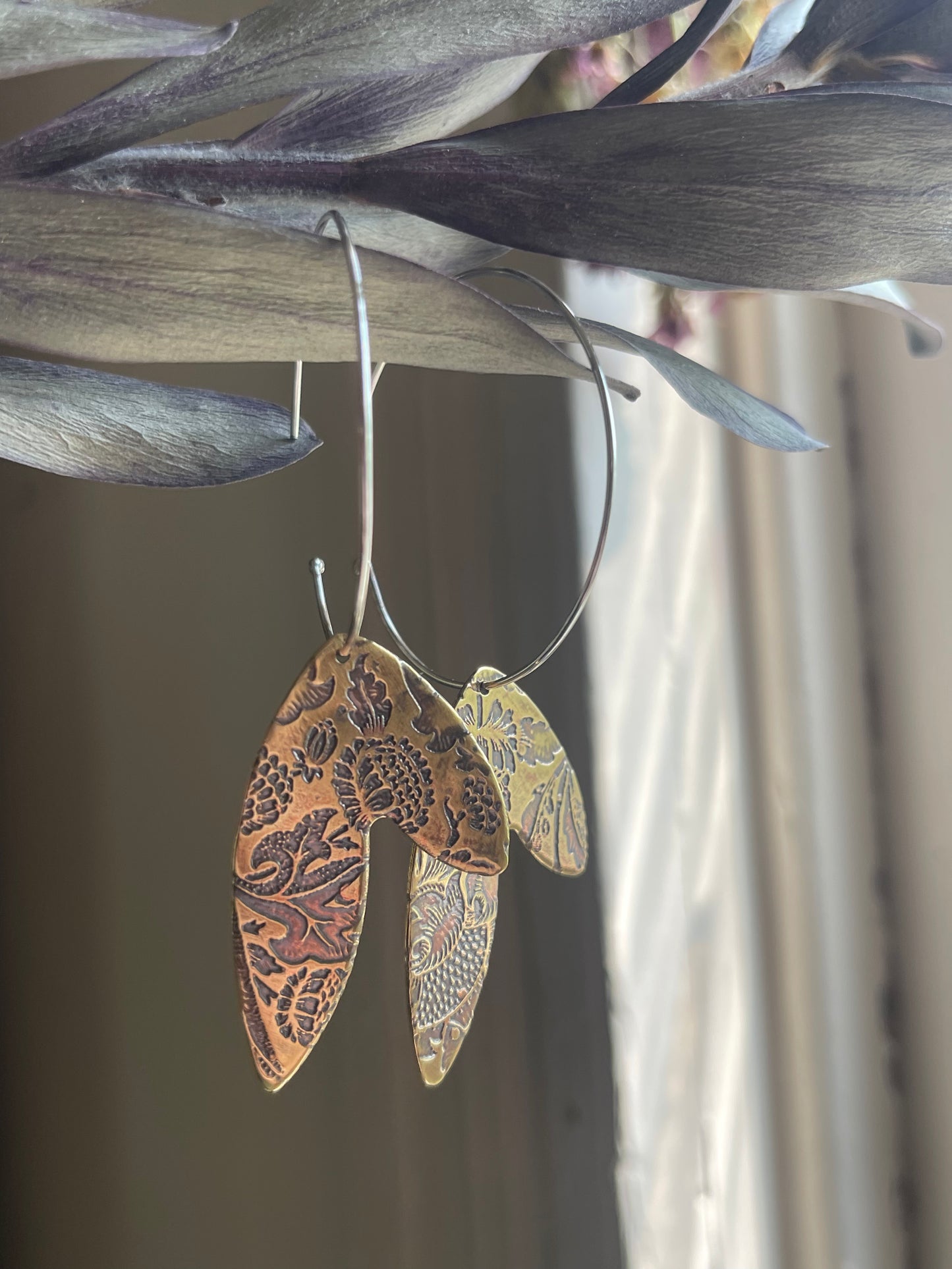 Etched Leaves Metal Hoop Dangle Earrings