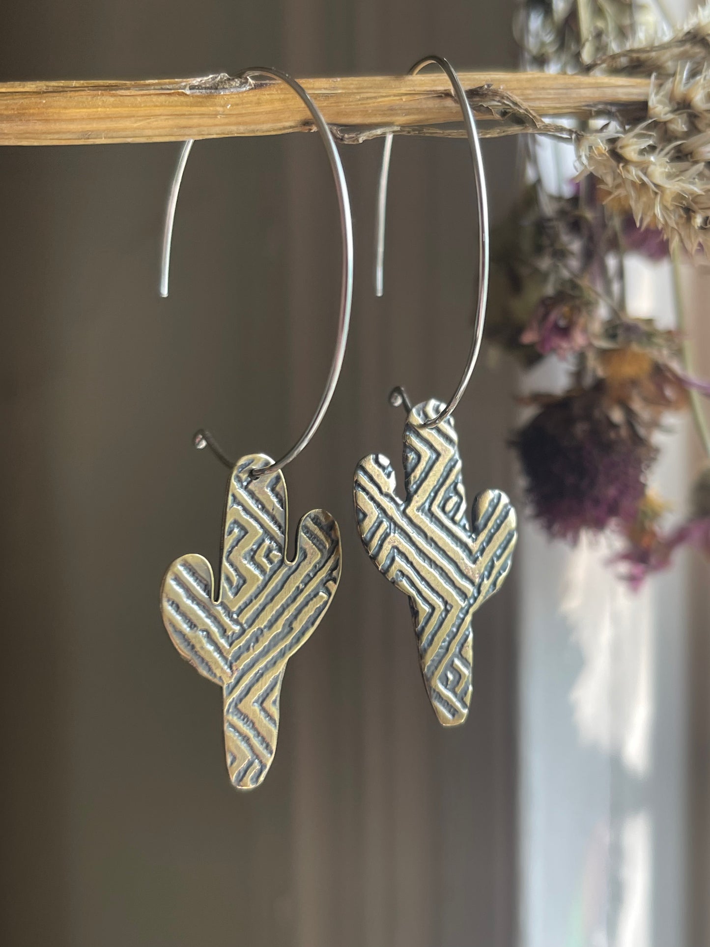 Etched Cactus Hoop Dangle Earrings