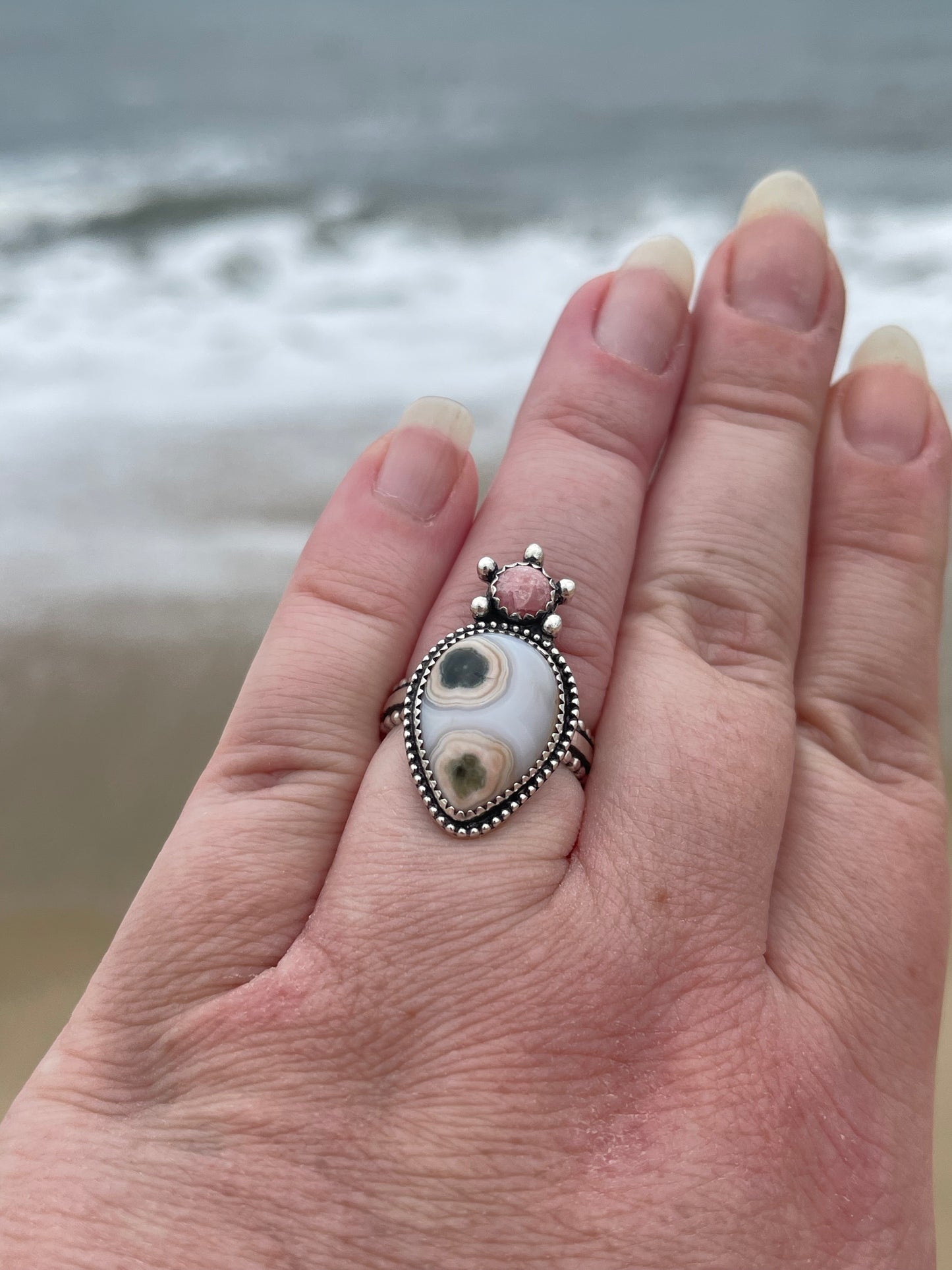 Peachy Kween Ocean Jasper • Rhodochrosite Nautical Statement Ring
