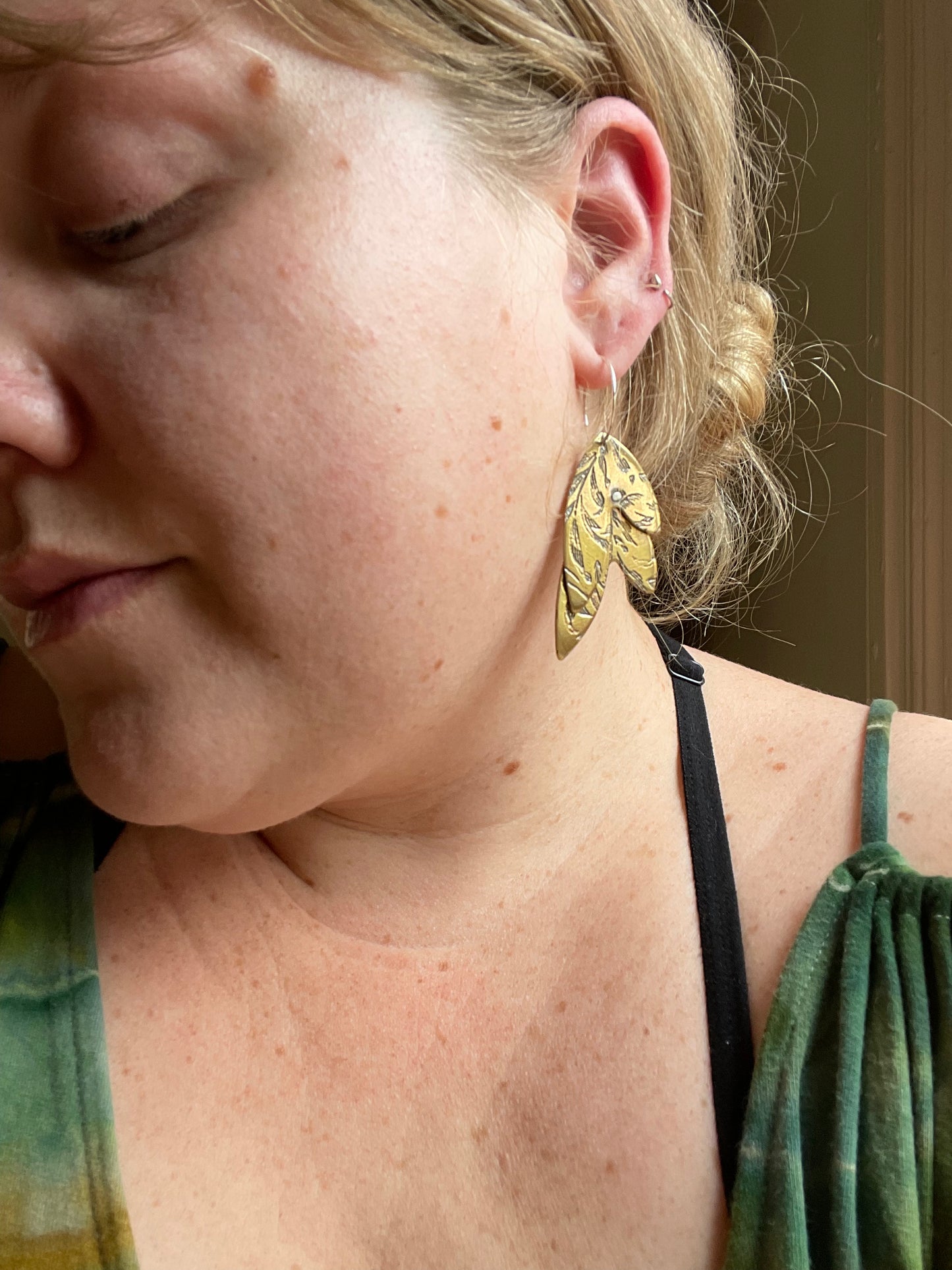 Etched Leaves Metal Hoop Dangle Earrings