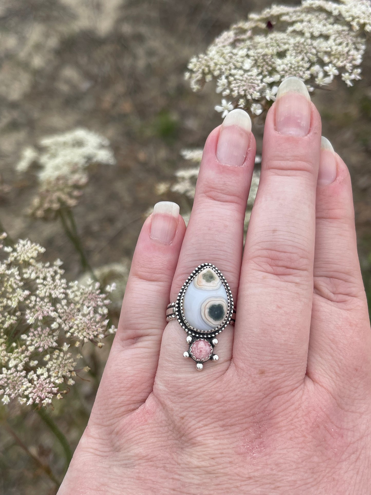 Peachy Kween Ocean Jasper • Rhodochrosite Nautical Statement Ring