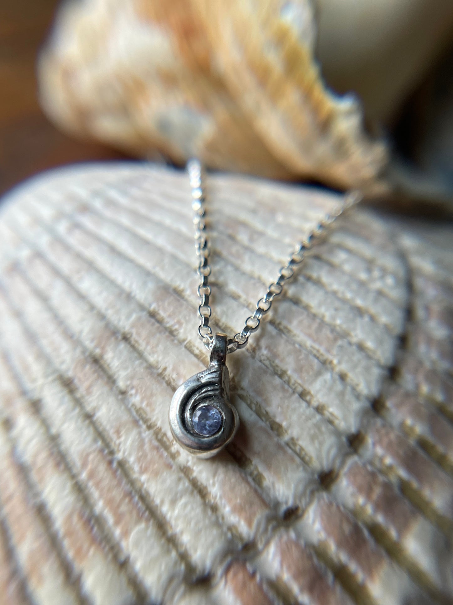 Tiny Tanzanite Swirly Shell Necklace