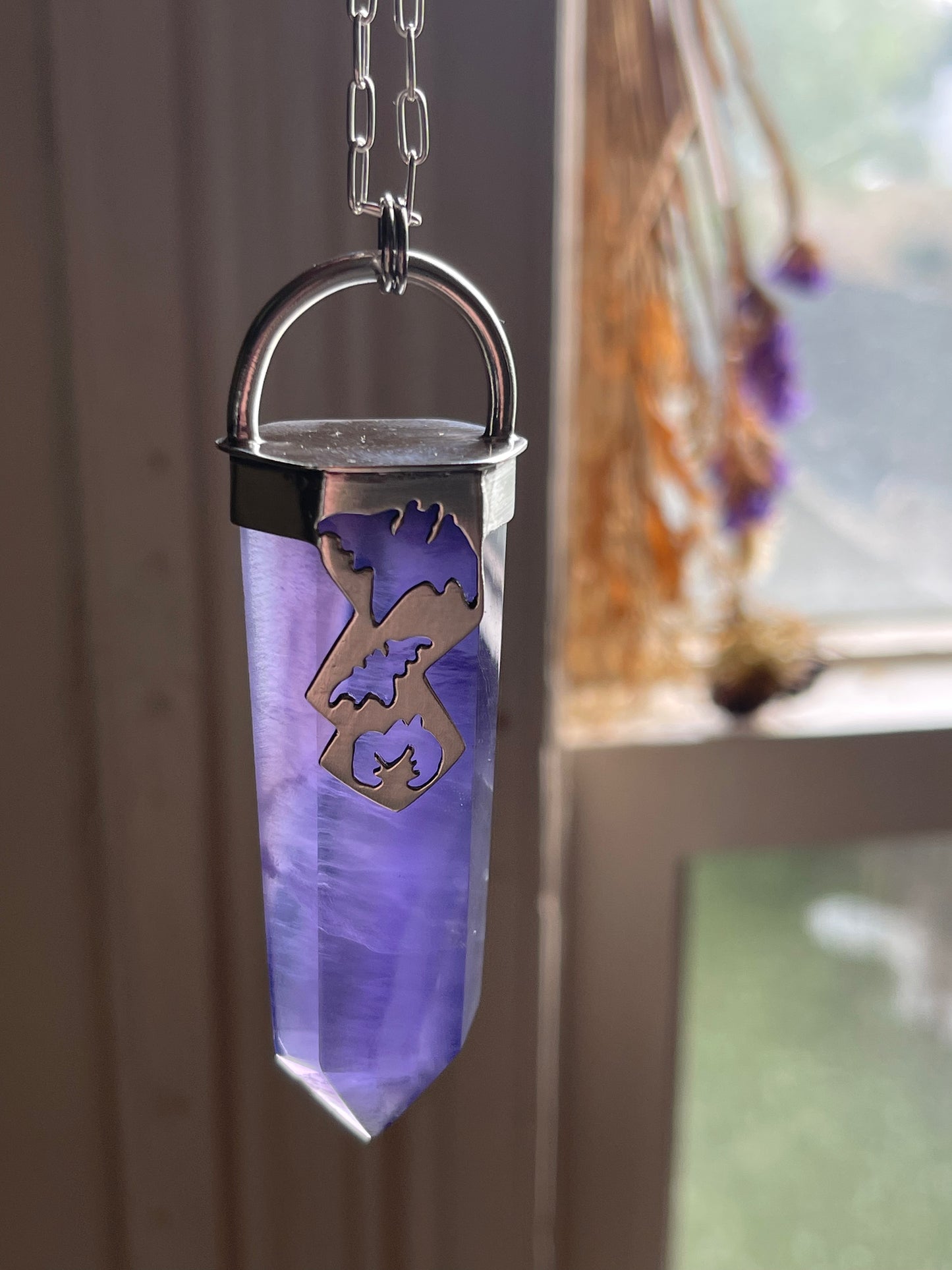 Graveyard Flowers: Purple Fluorite Crystal Batty Statement Pendant