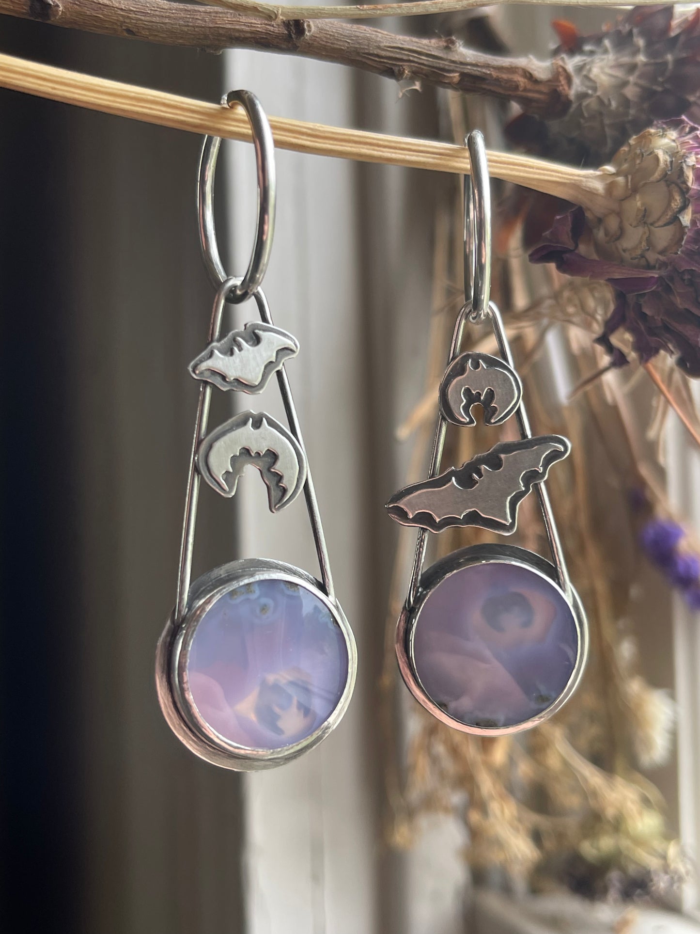 Crypt Keepers: Purple Moss Agate Batty Statement Earrings