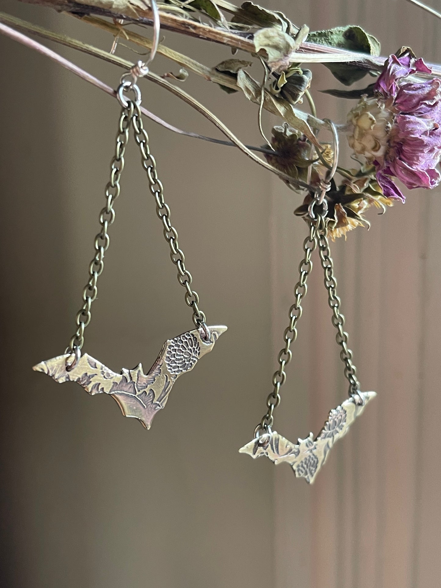 Floral Bats • Brass Dangle Earrings and Necklace