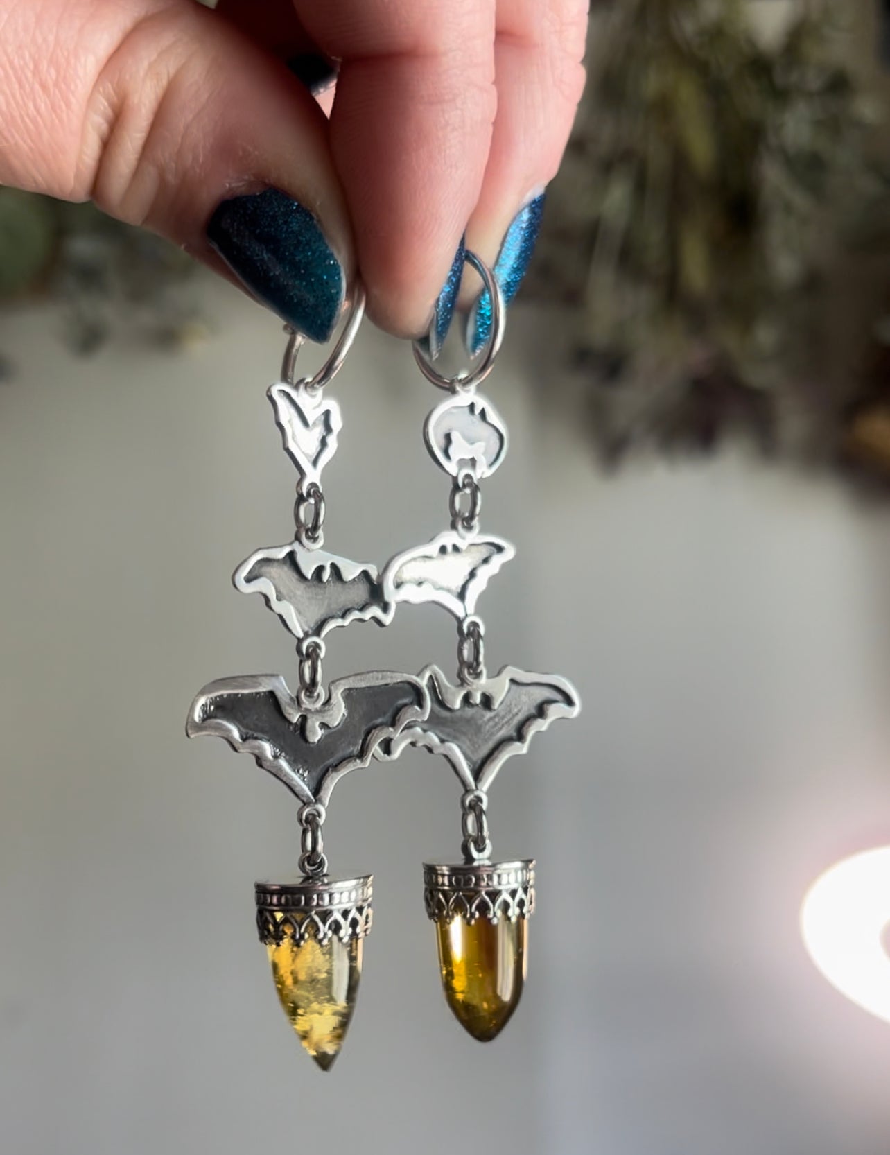 Into the Night: Mexican Amber Bullet Bat Hoop Stud Earrings