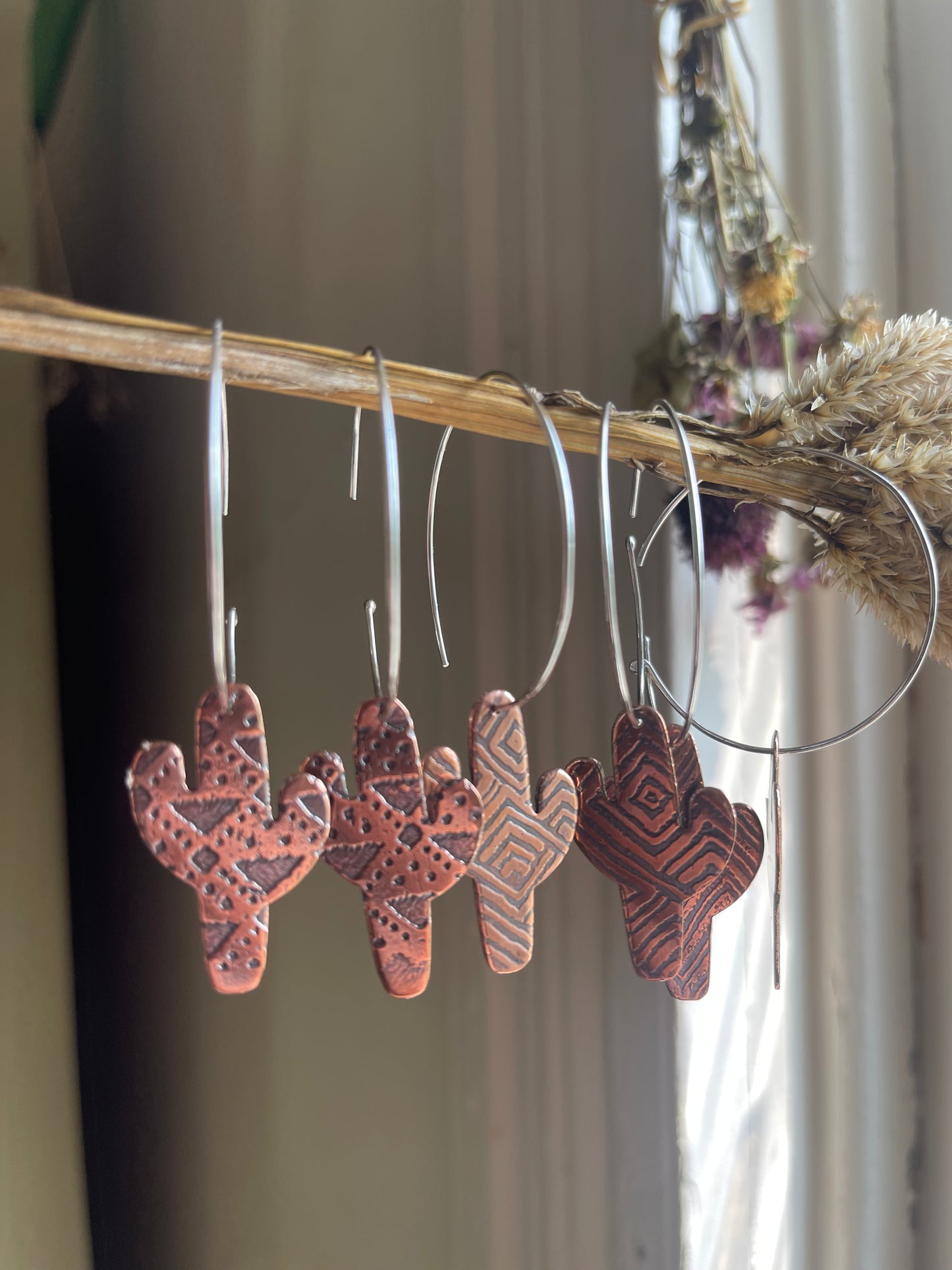 Etched Cactus Hoop Dangle Earrings