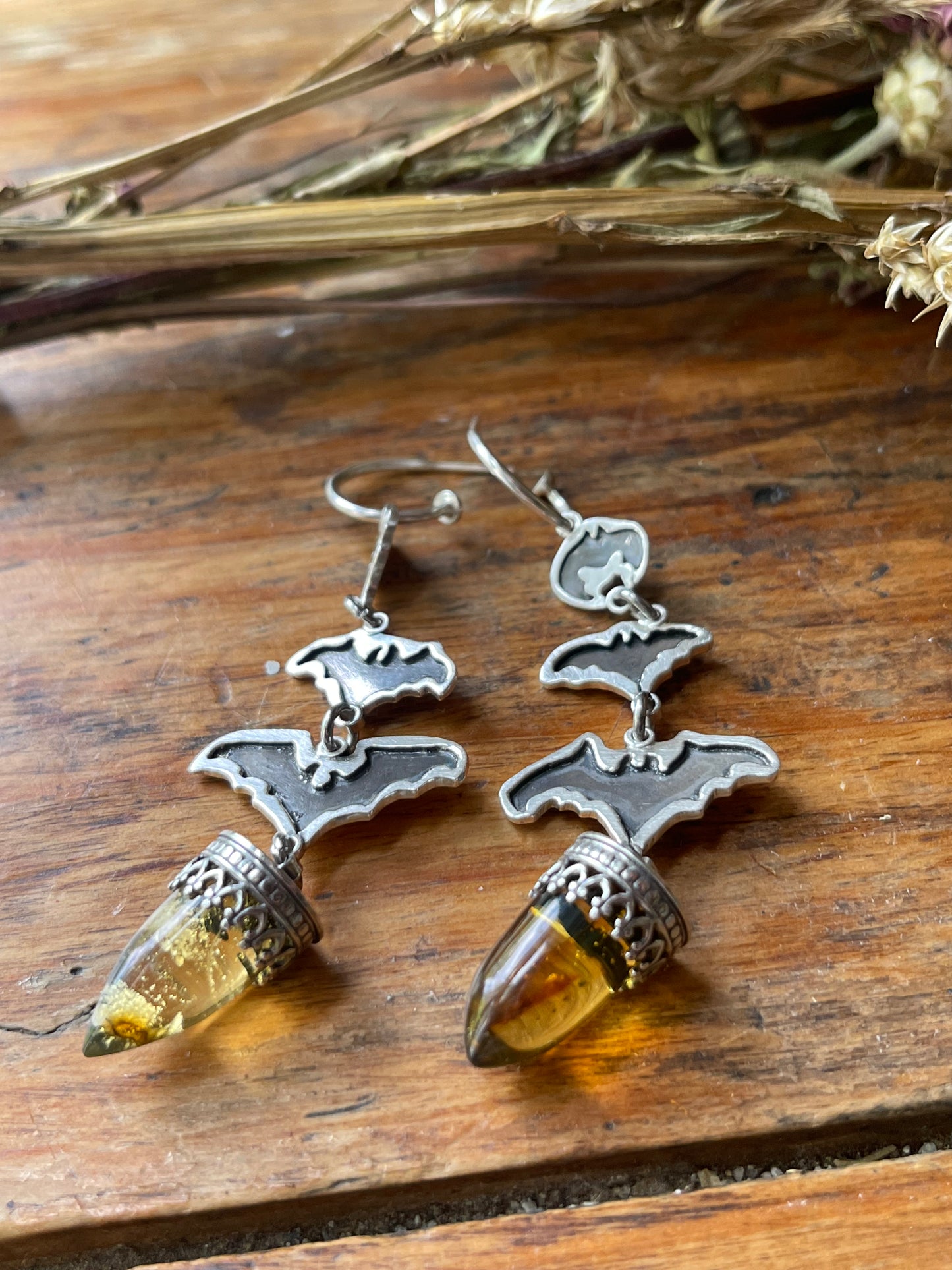 Into the Night: Mexican Amber Bullet Bat Hoop Stud Earrings