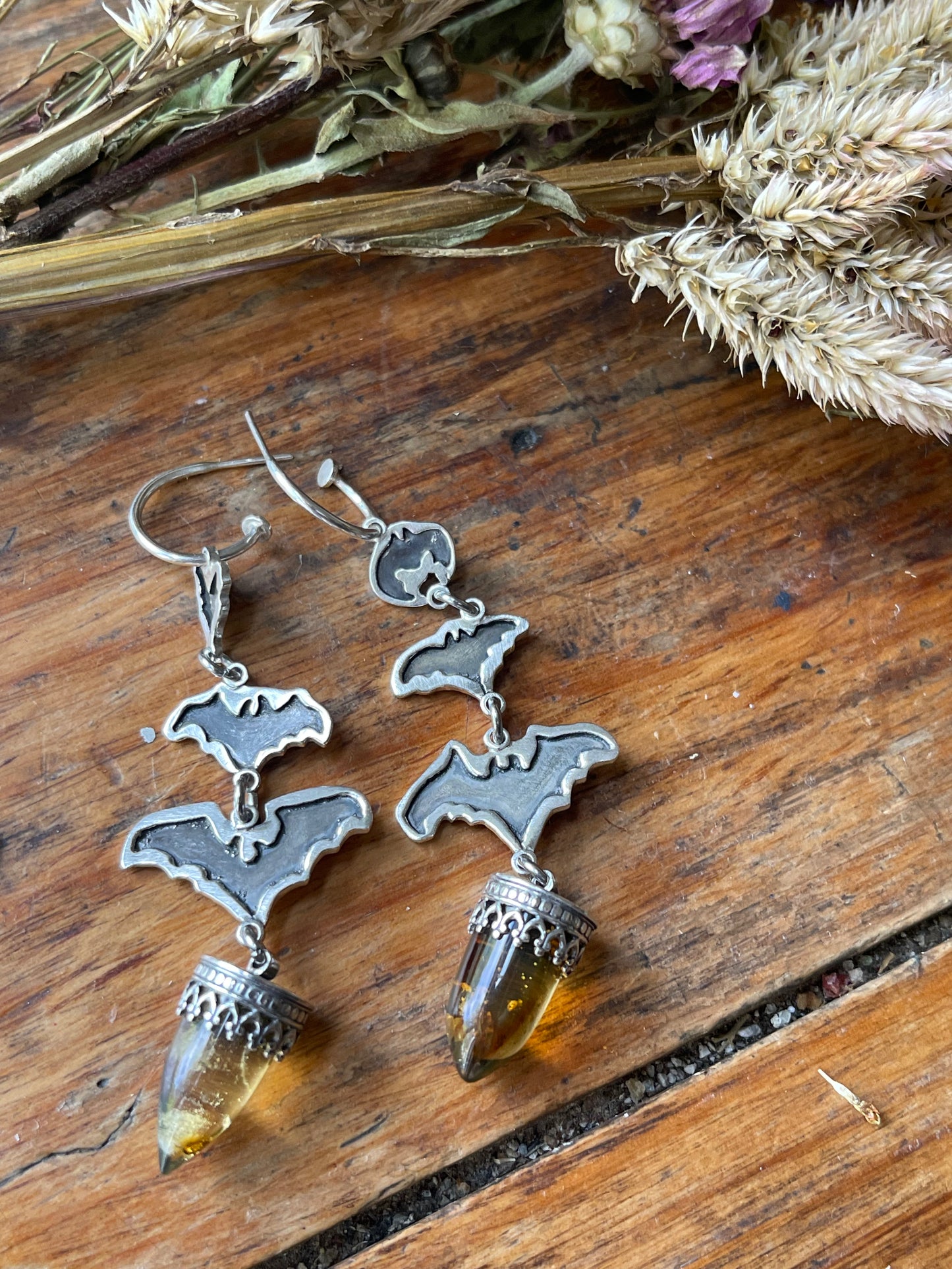 Into the Night: Mexican Amber Bullet Bat Hoop Stud Earrings