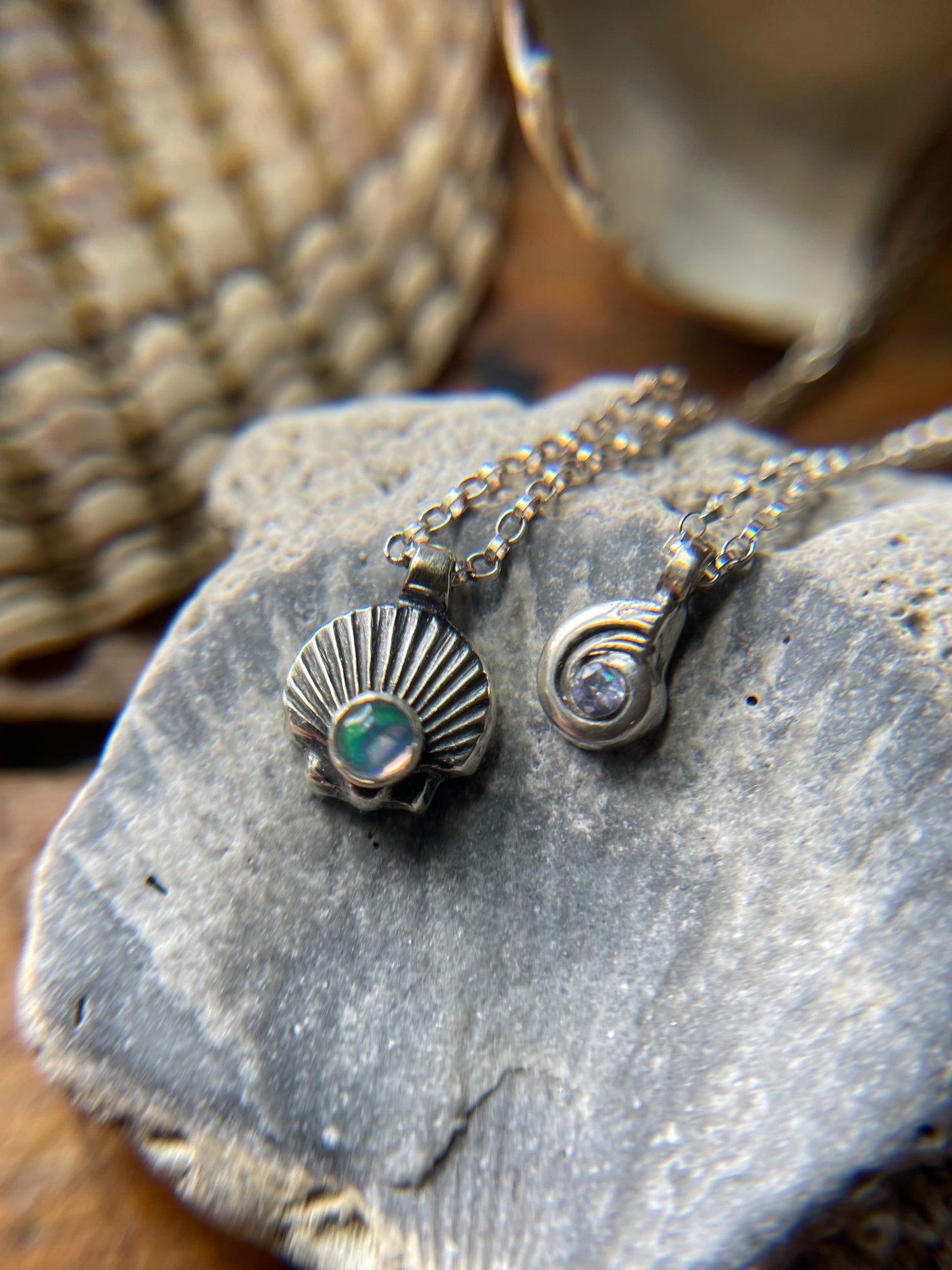 Tiny Tanzanite Swirly Shell Necklace