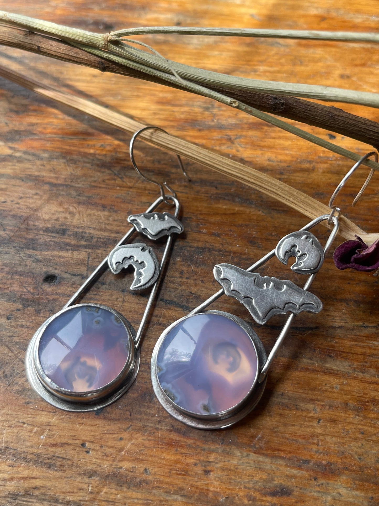 Crypt Keepers: Purple Moss Agate Batty Statement Earrings