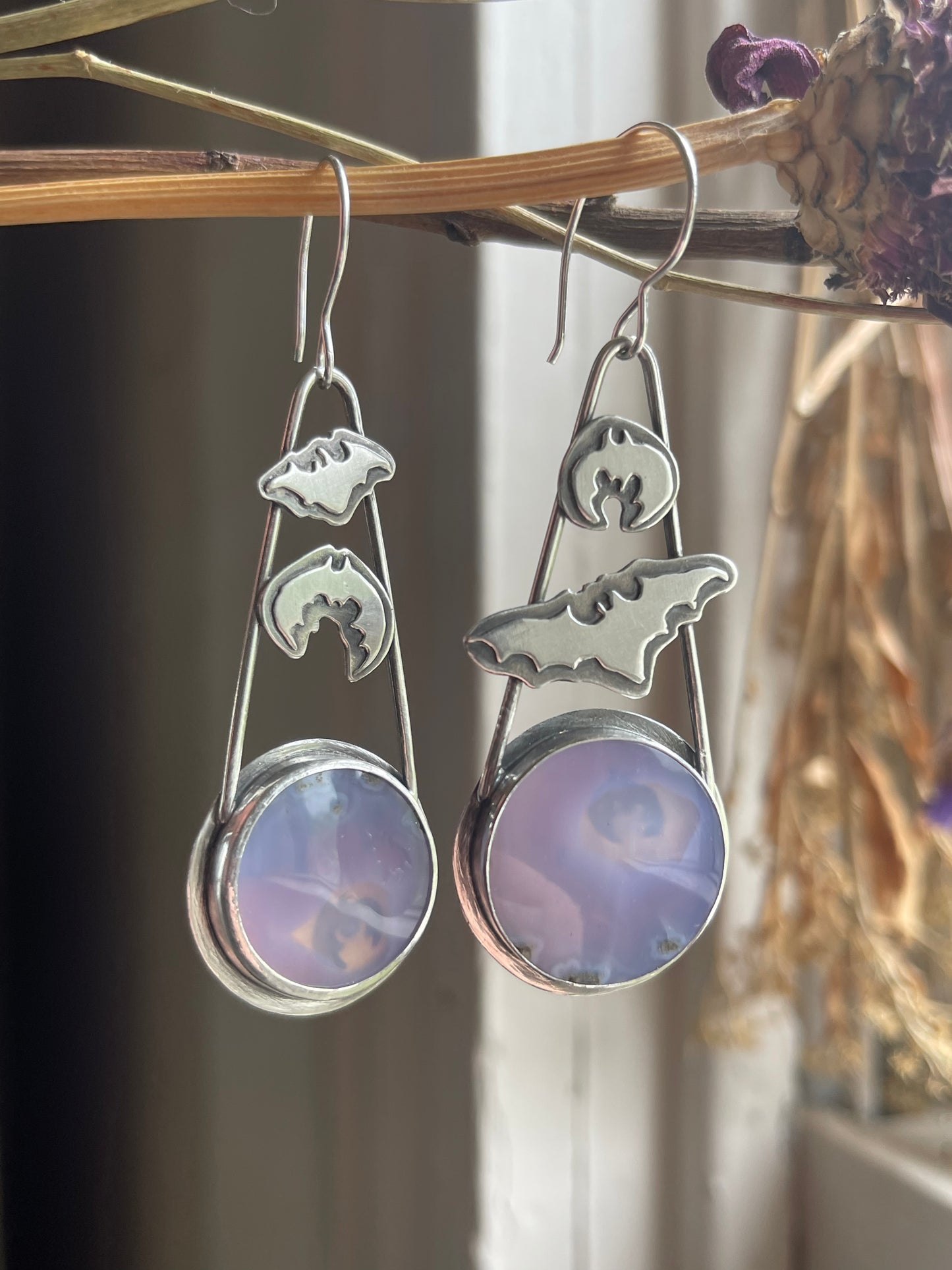 Crypt Keepers: Purple Moss Agate Batty Statement Earrings