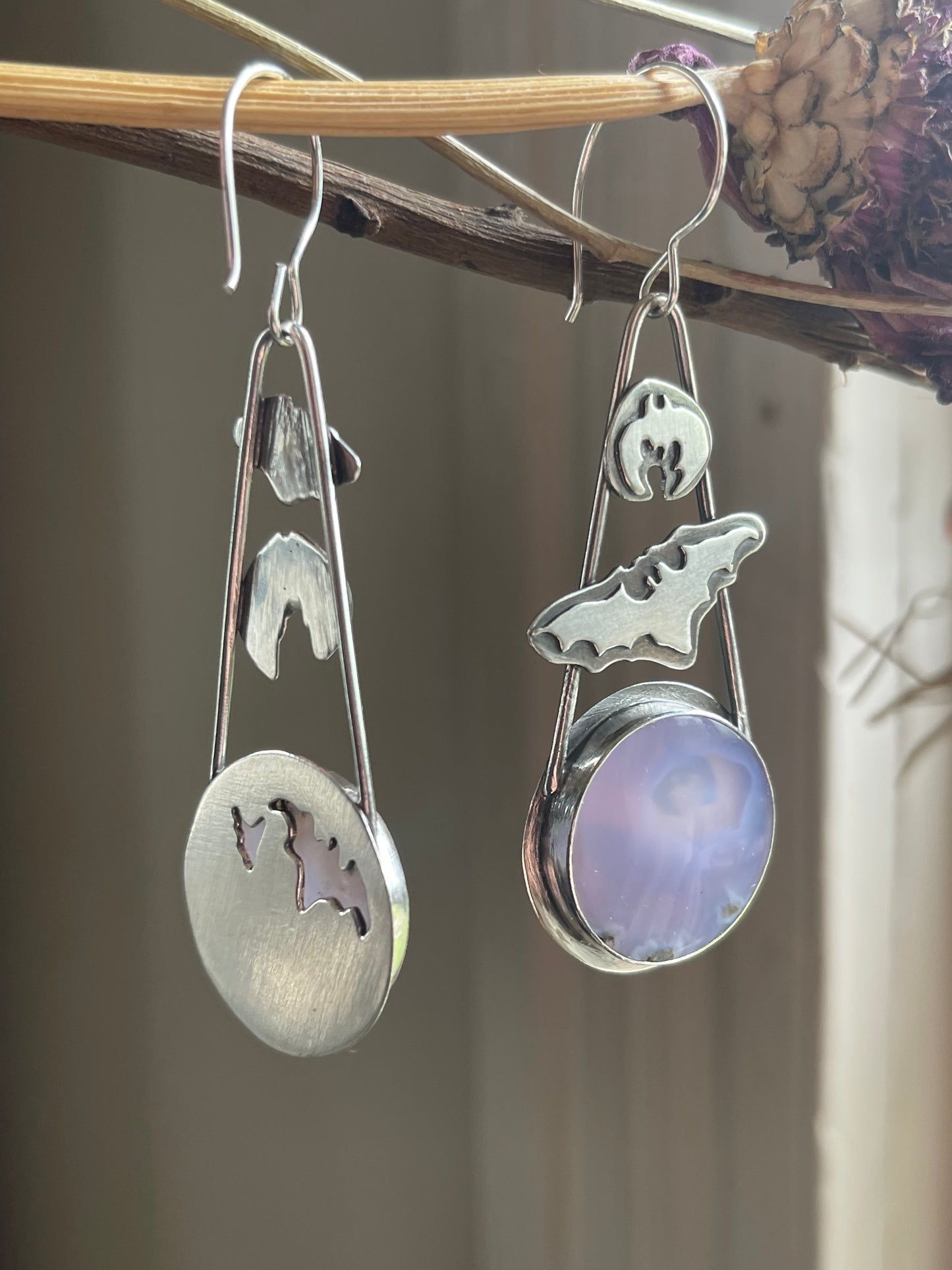 Crypt Keepers: Purple Moss Agate Batty Statement Earrings