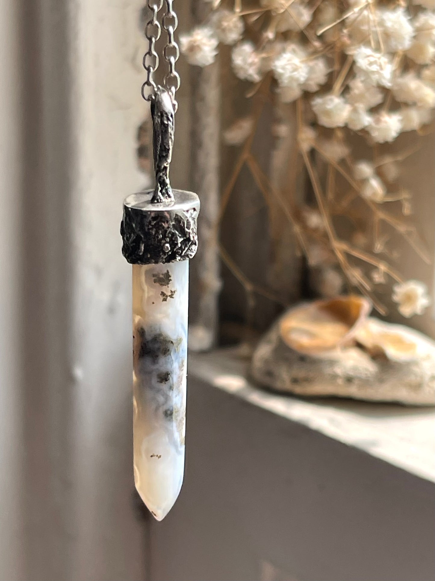 *Sea Mist • Moss Agate Crystal Pendant Necklace • Reticulated Silver