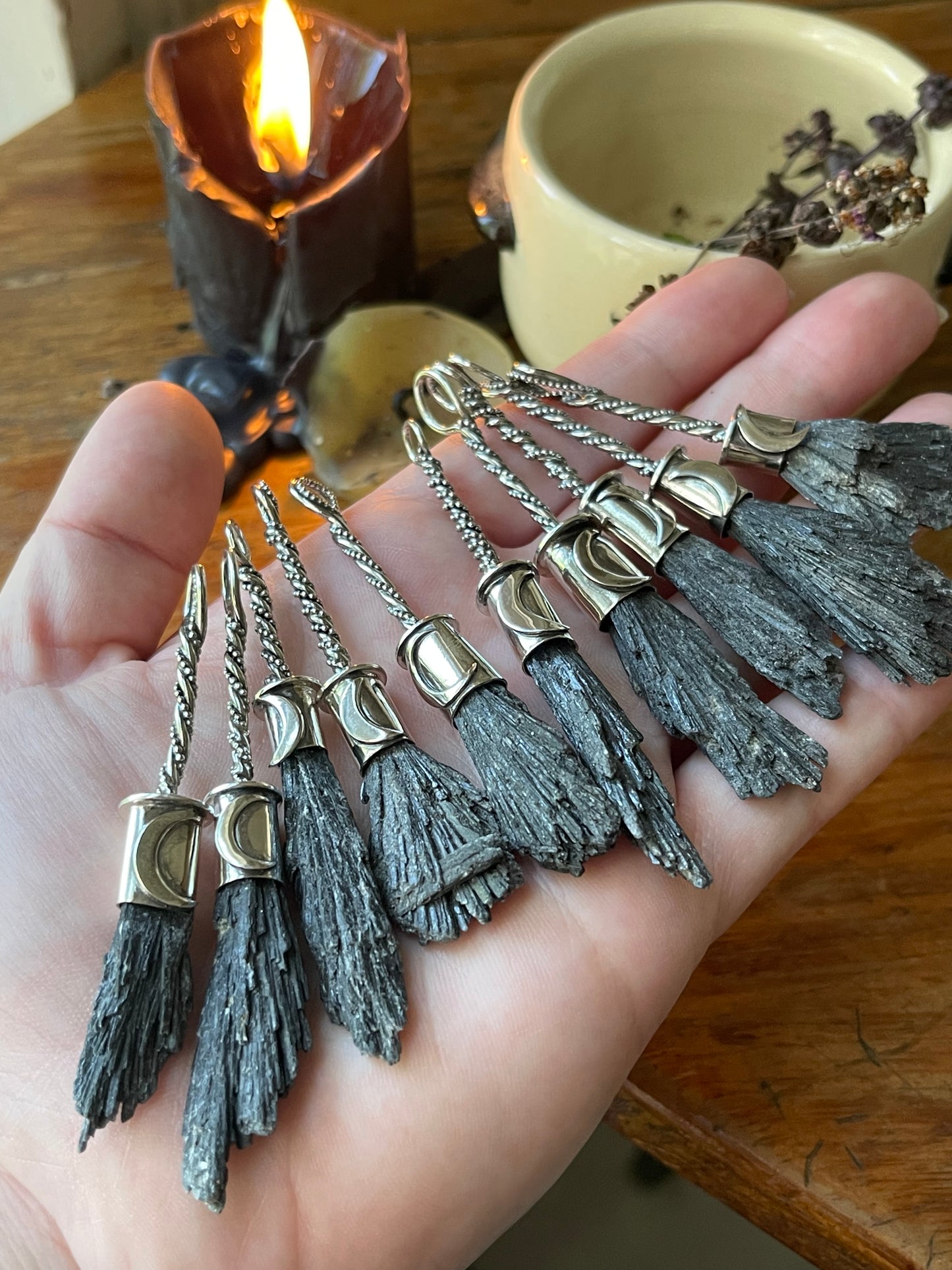 Black Kyanite Crystal Lunar Witch Broom Pendant PRE-ORDER