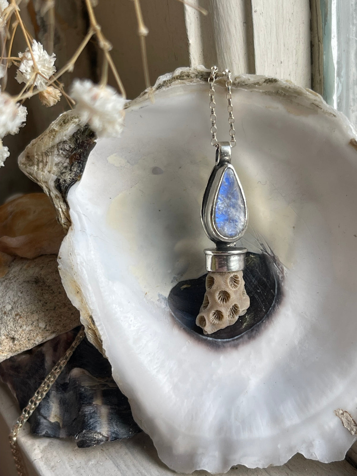*Sand & Moon • Moonstone Quartz Fossil Charm Necklace • Sterling Silver