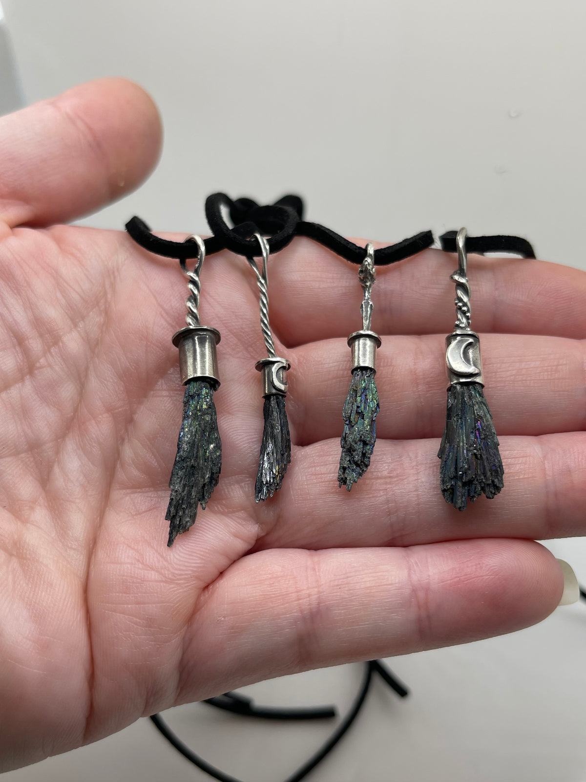 *Bebe Witch Broom Crystal Pendants • Black Kyanite & Sterling Silver