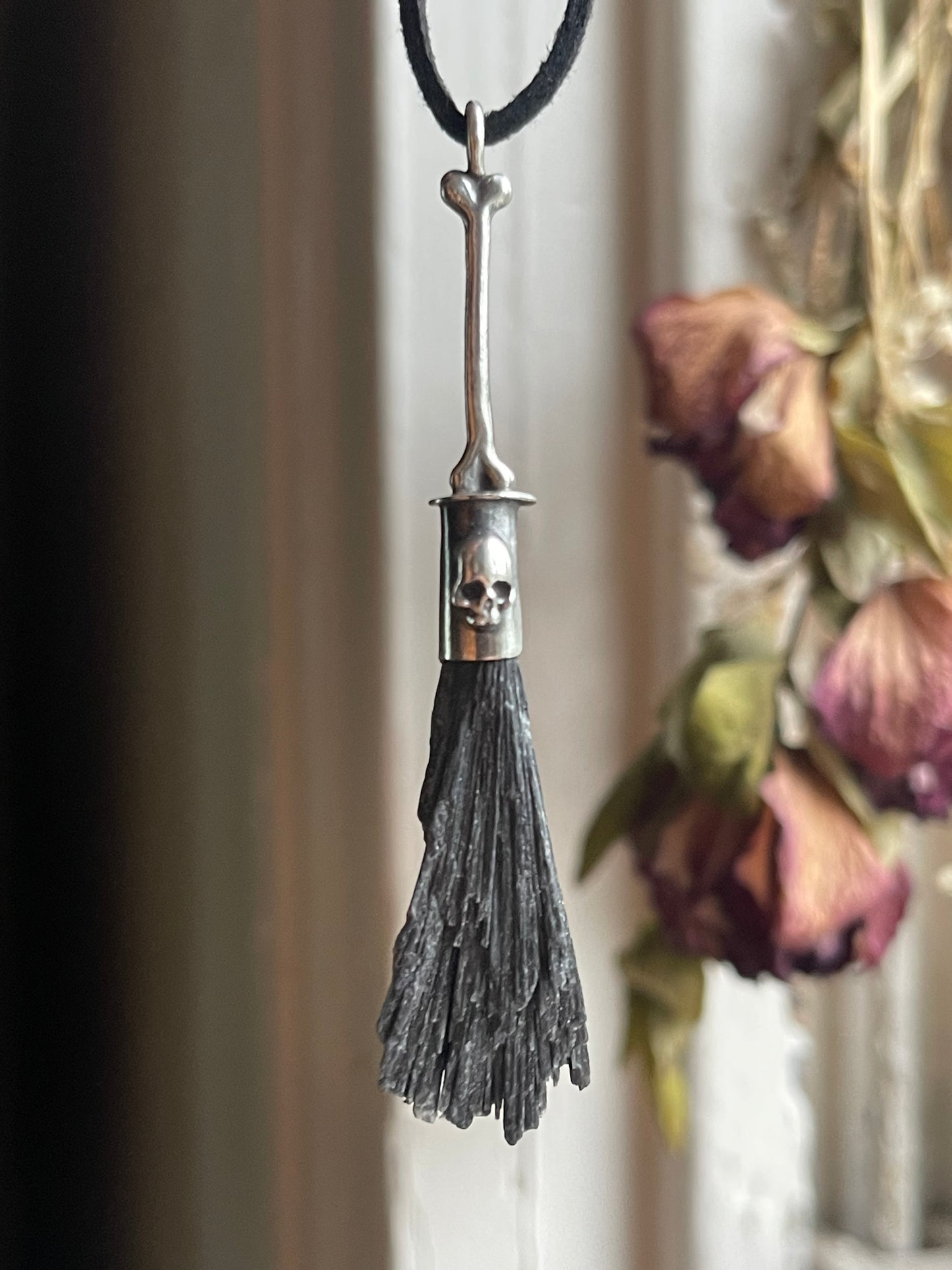 *Gothic Bone Witch Crystal Broom Pendant