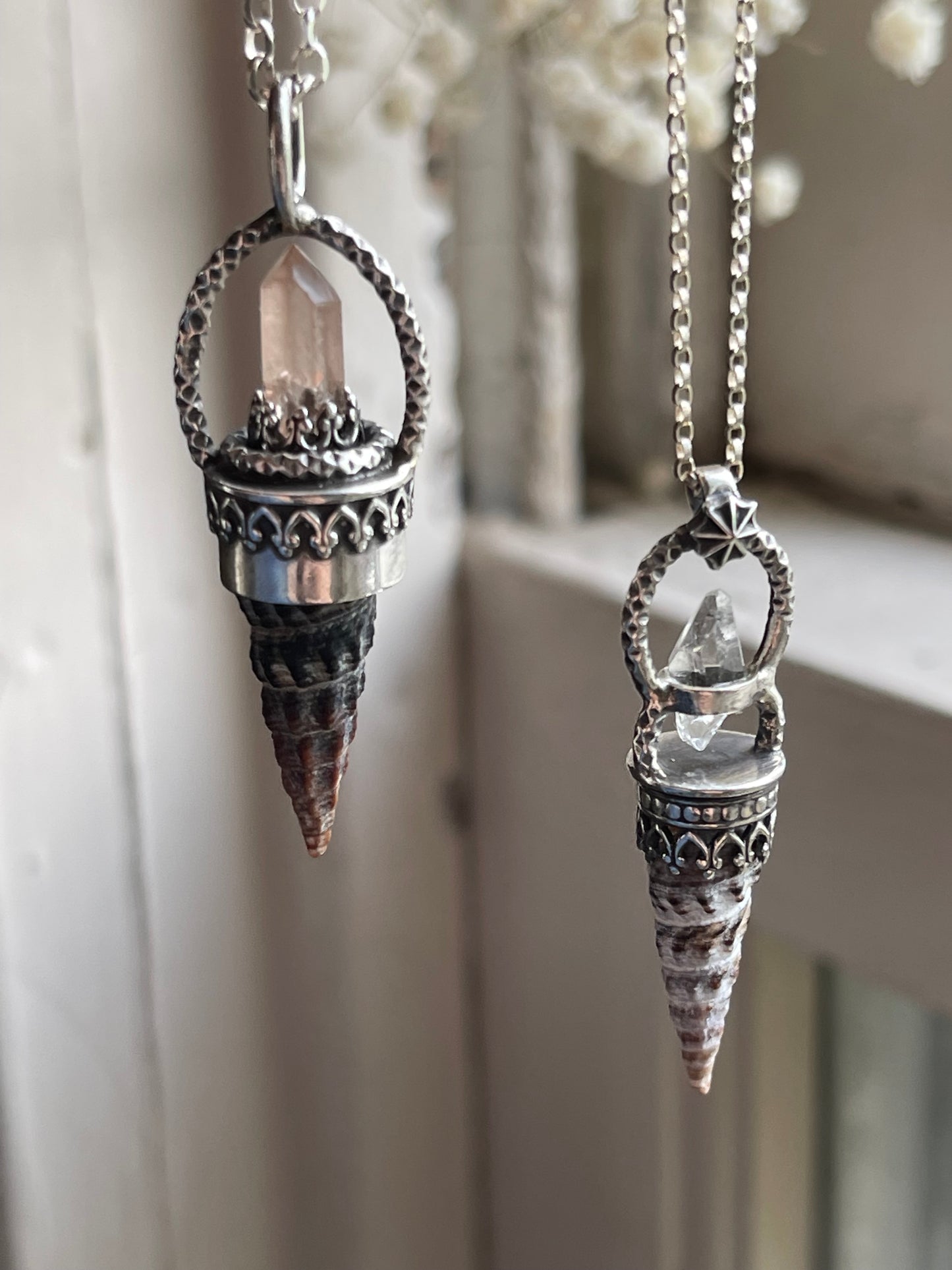 *The Celestial Tides Crystal Cone Seashell Pendant Necklace • Herkimer Diamond • Sterling Silver