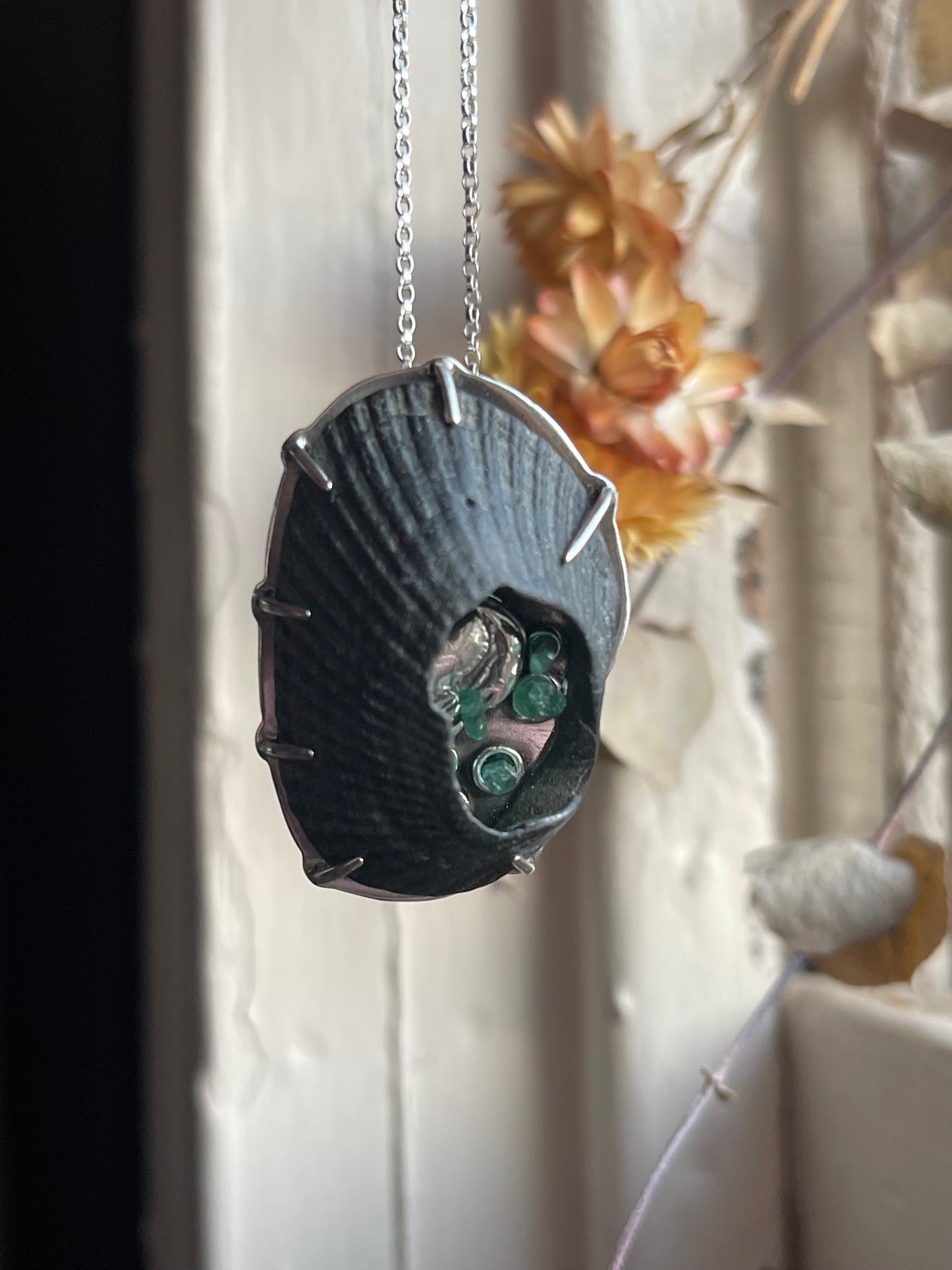 Emerald Cove • Black Shell & Emerald Crystal Seascape Statement Necklace