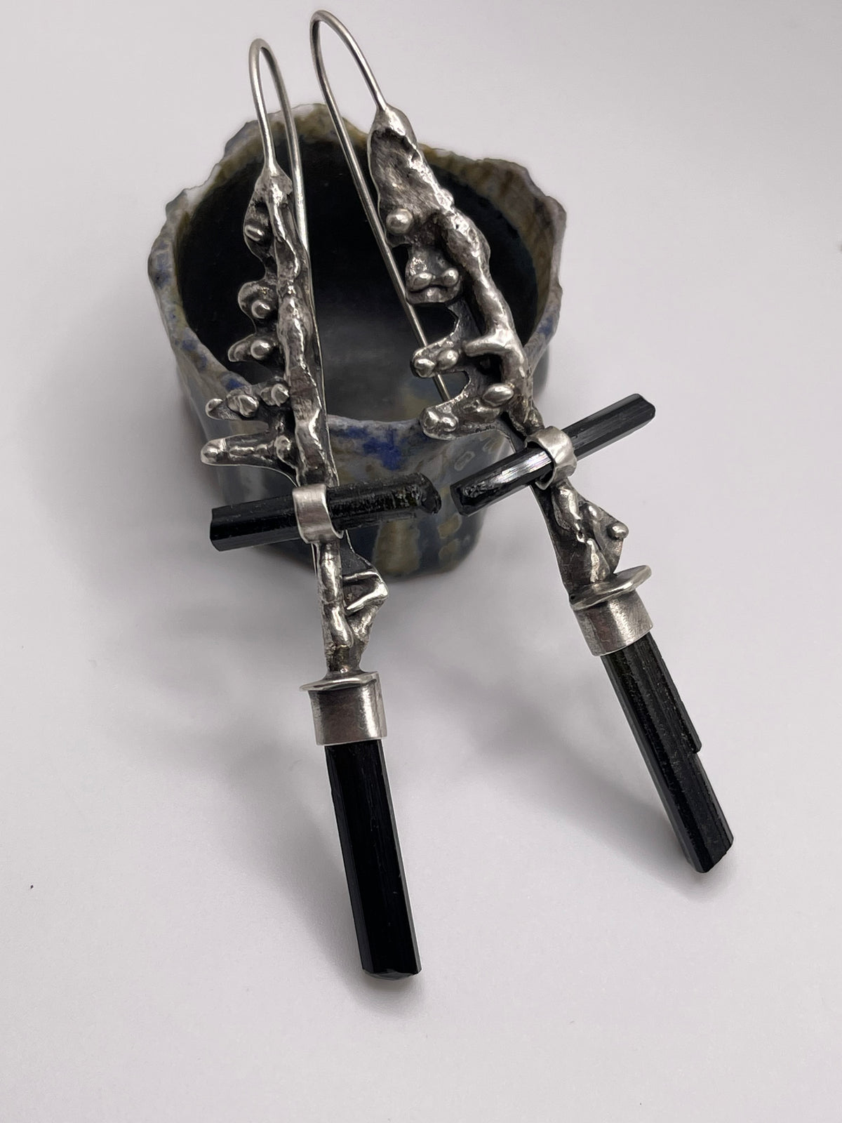 *Skeletal Fragments • Dark Green Tourmaline Crystal Statement Earrings • Fused Sterling Silver