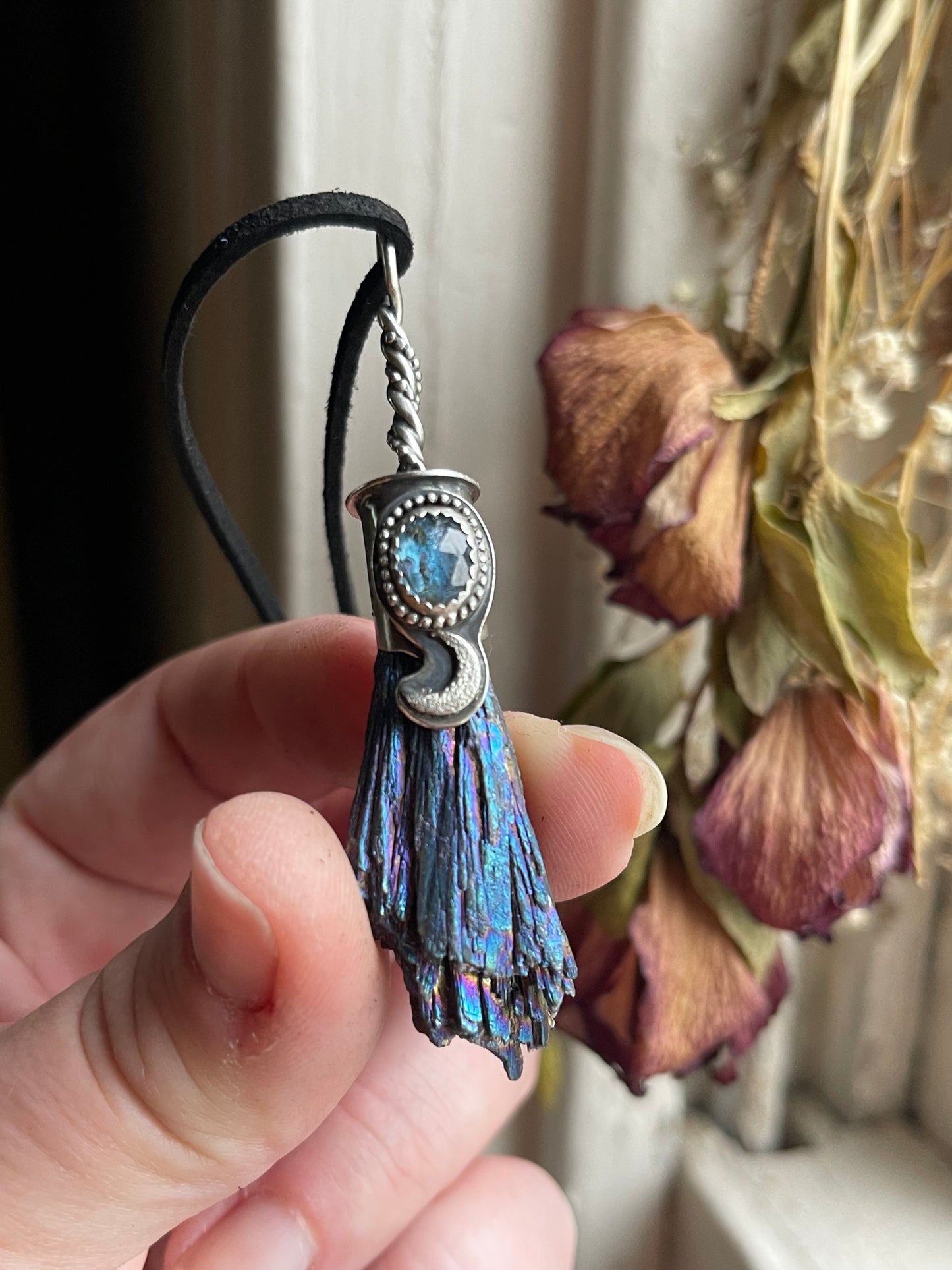 Celestial Witch Blue Broom Crystal Pendant