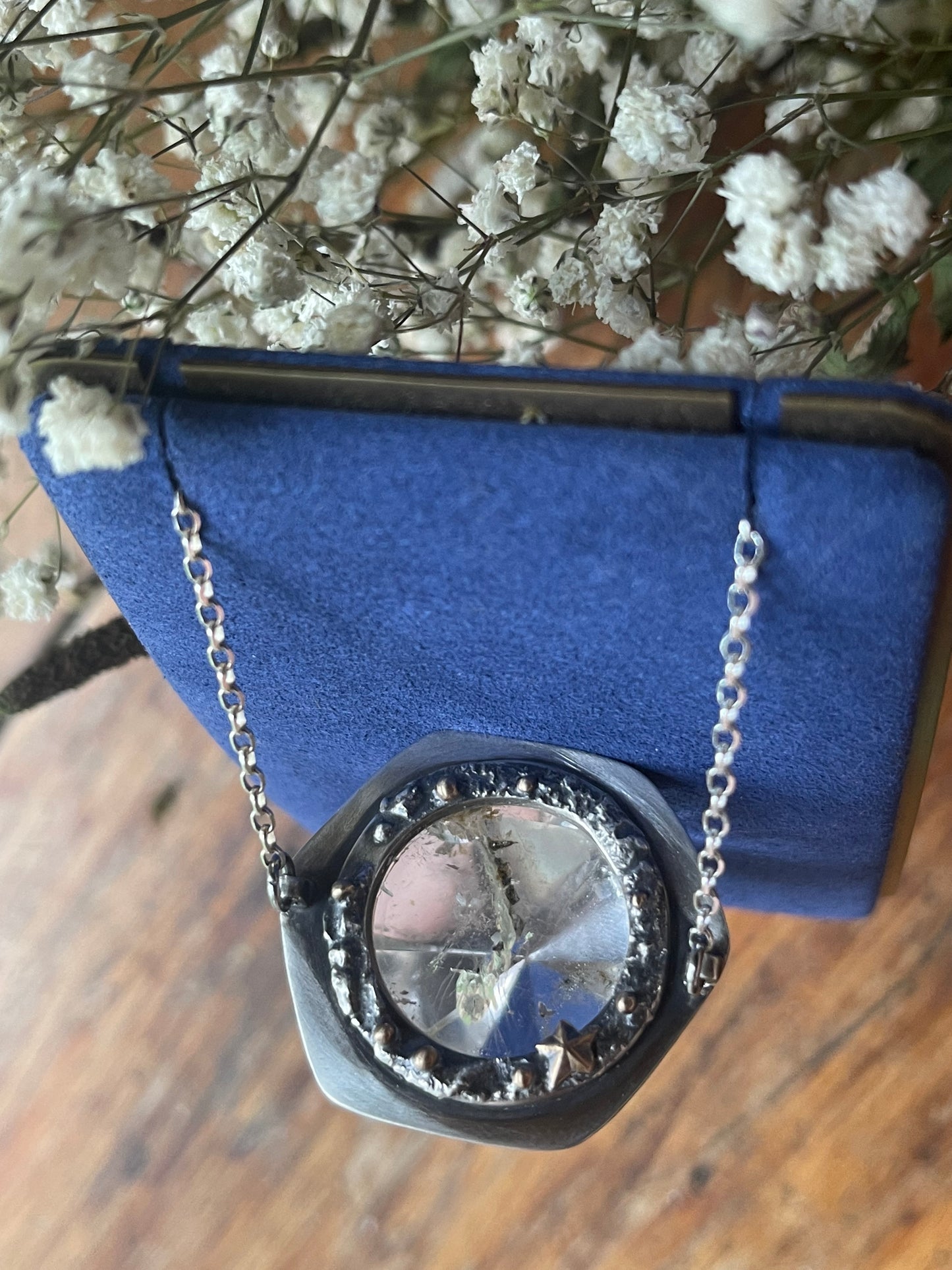 *Viking Gold • Included Quartz Kaleidoscope Statement Crystal Necklace • Sterling Silver & 14K Gold