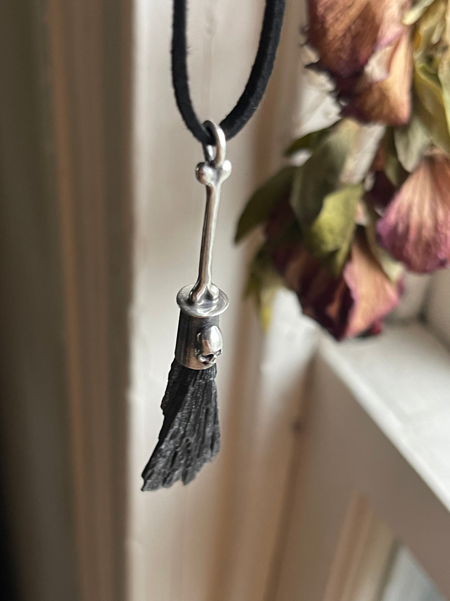 *Gothic Bone Witch Crystal Broom Pendant