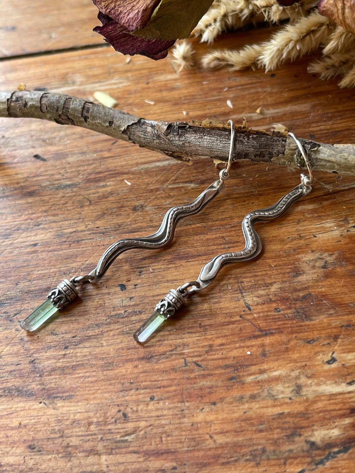 *Beithir • Green Tourmaline Crystal Serpent Dangle Earrings