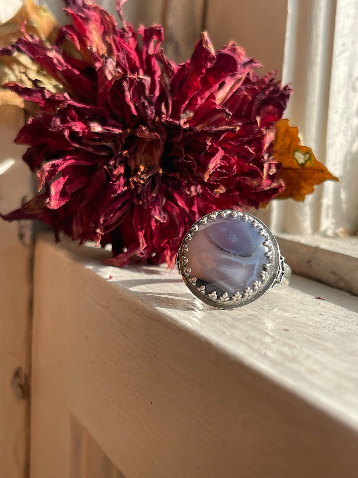 *Lilith• Purple Moss Agate Spiderweb Ring Size 9.5