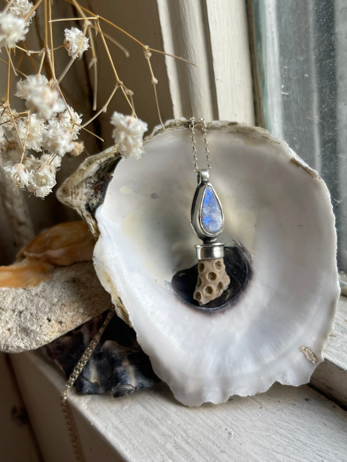 *Sand & Moon • Moonstone Quartz Fossil Charm Necklace • Sterling Silver