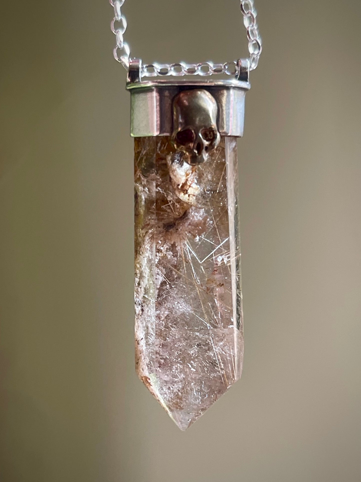 *Thinning of the Veil • Golden Rutilated Quartz Crystal Mixed Metals Skull Necklace