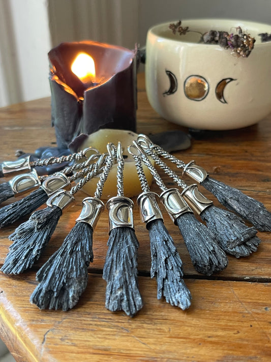 **Black Kyanite Crystal Lunar Witch Broom Pendant PRE-ORDER