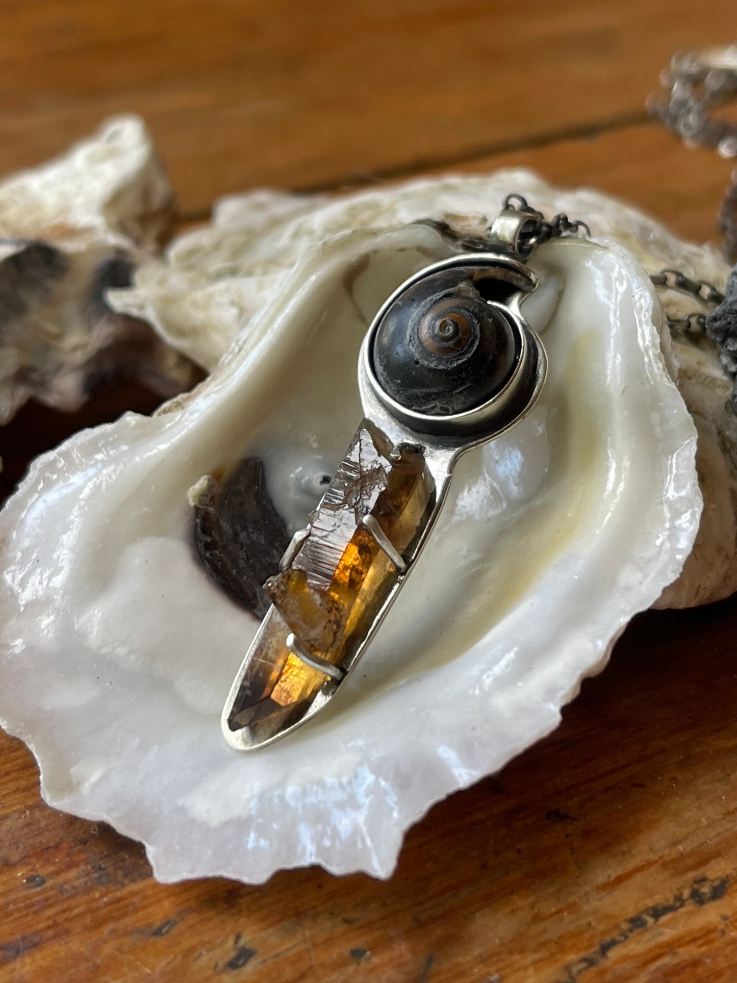 *Portal to the Brine • Black & Brown Seashell with Smokey Quartz Crystal Pendant Necklace • Sterling Silver