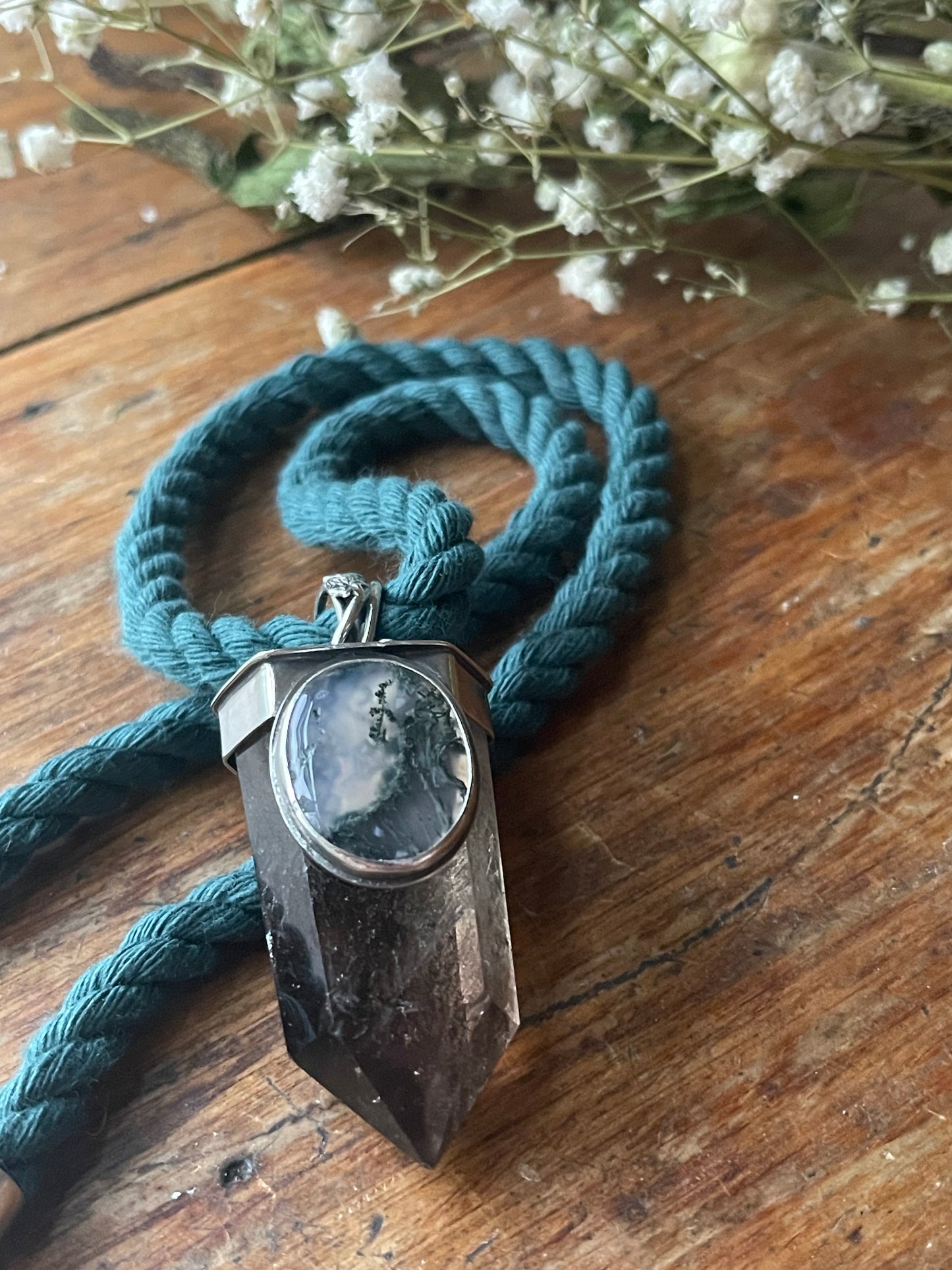 *Climbing Ivy Crystal Statement Necklace • Smokey Quartz & Moss Agate • Sterling Silver