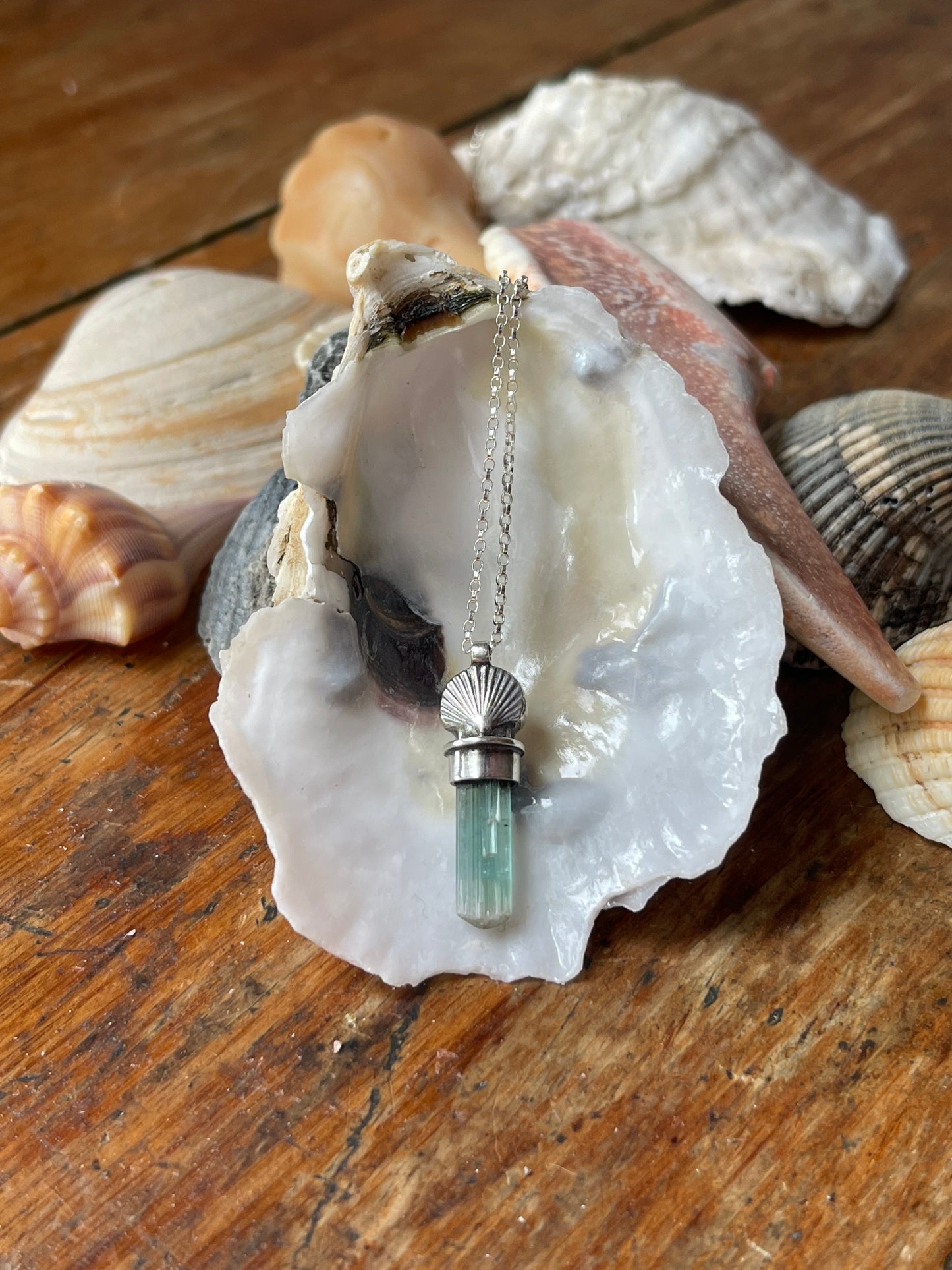 Sea Spray • Blue Watermelon Tourmaline Crystal Sea Charm Necklace