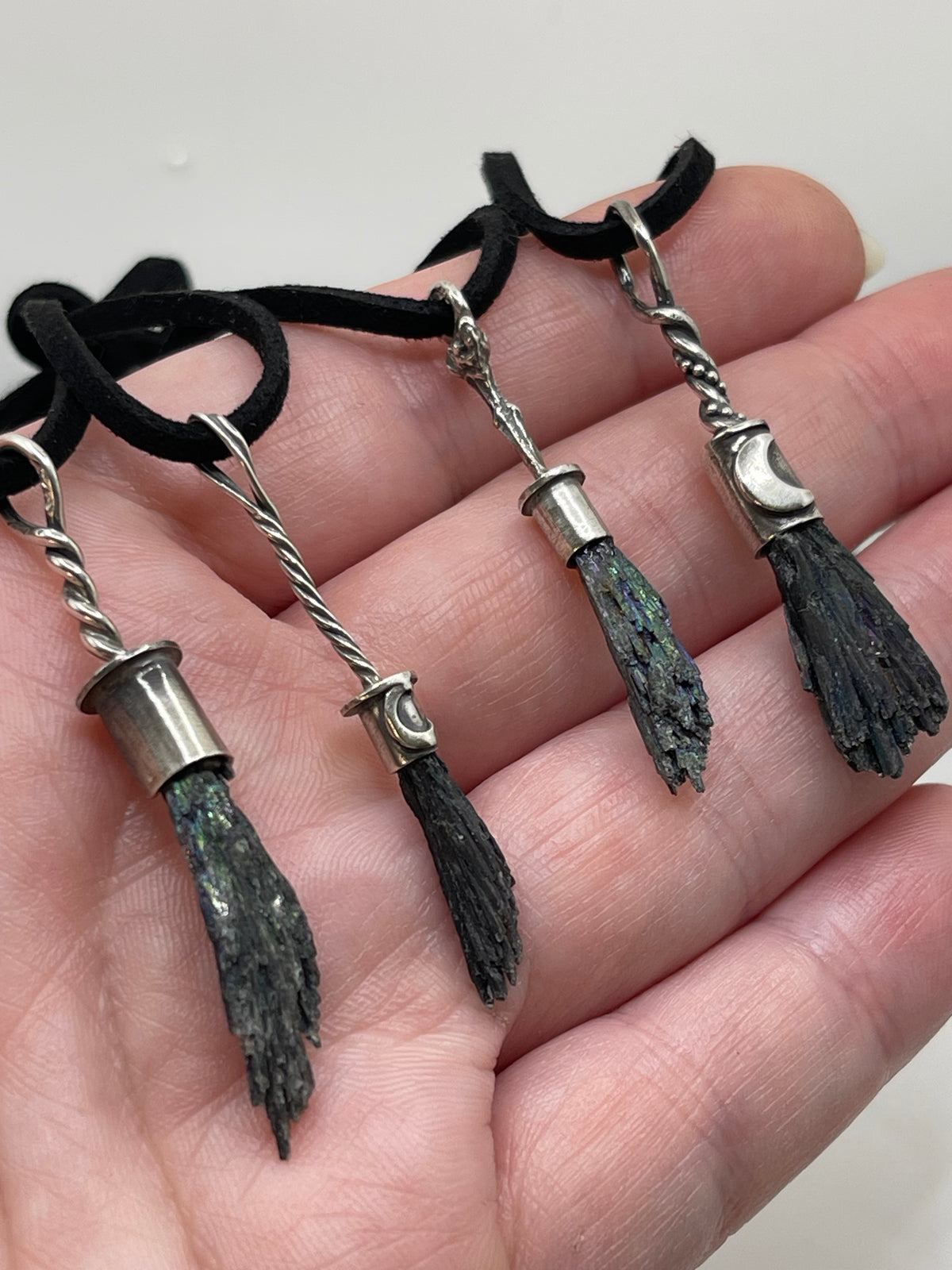 *Bebe Witch Broom Crystal Pendants • Black Kyanite & Sterling Silver