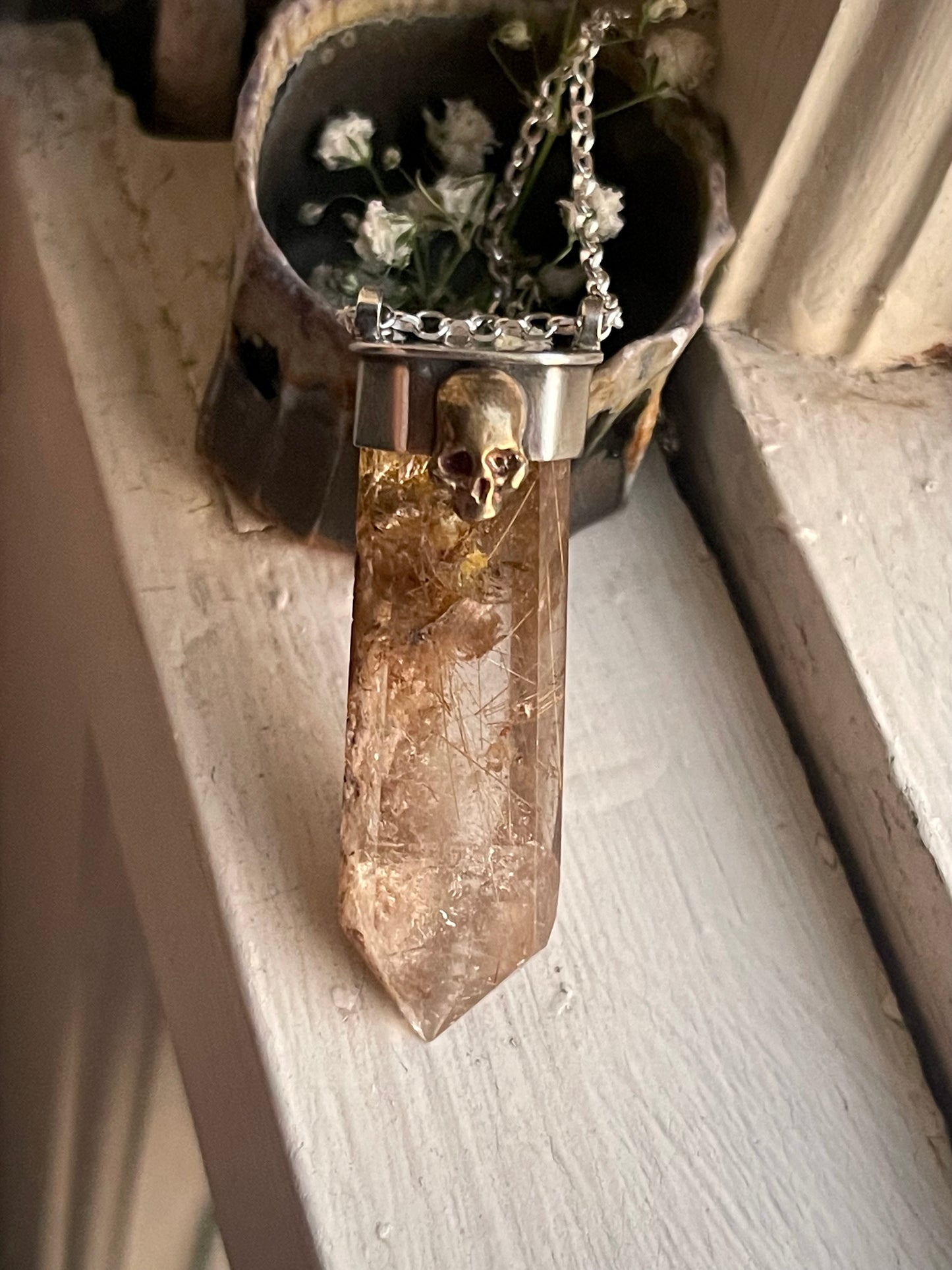 *Thinning of the Veil • Golden Rutilated Quartz Crystal Mixed Metals Skull Necklace