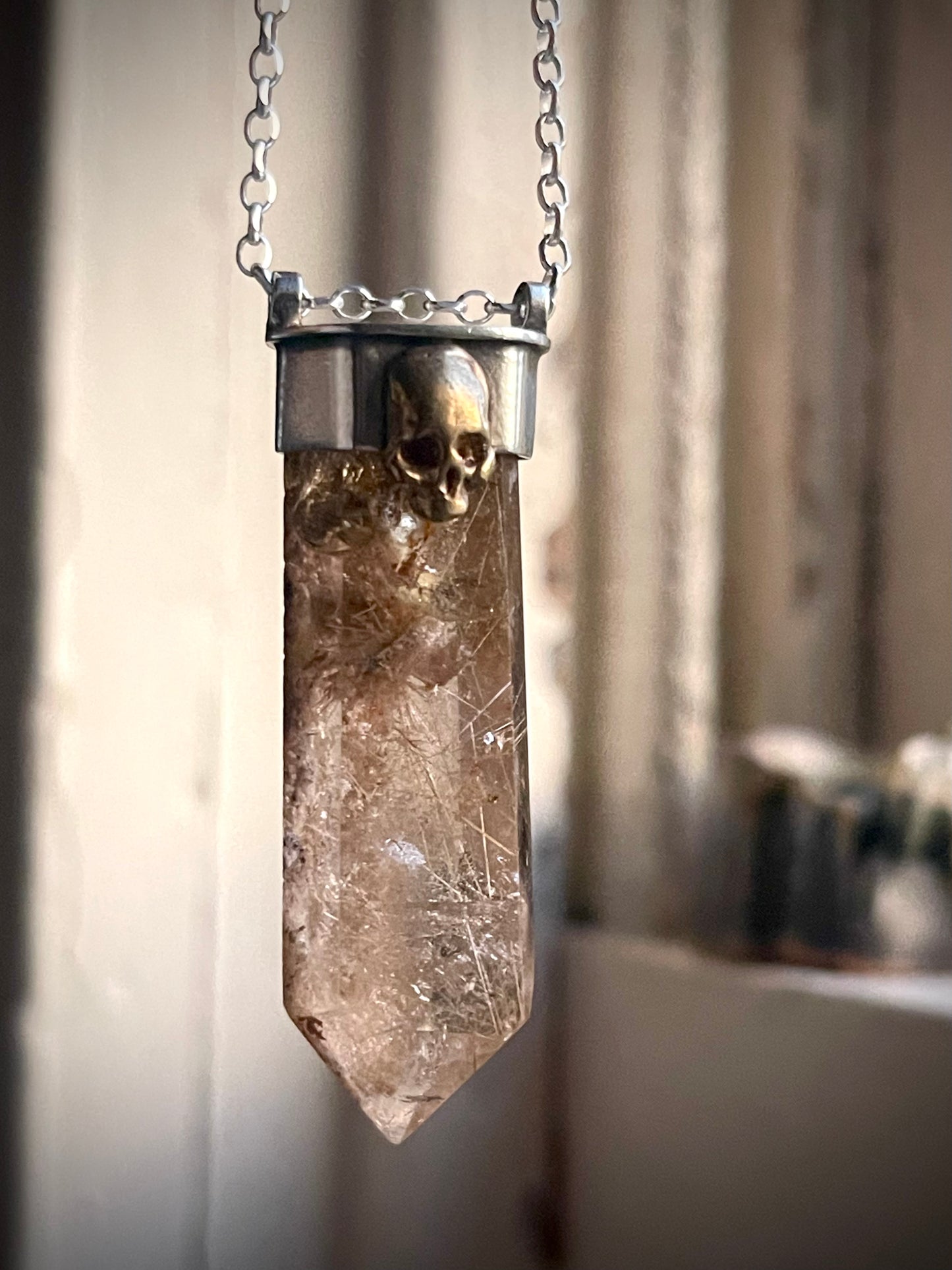 *Thinning of the Veil • Golden Rutilated Quartz Crystal Mixed Metals Skull Necklace