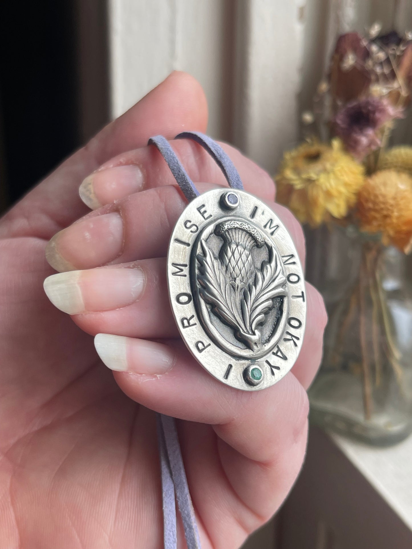 *I’m Not Okay, I Promise • Tanzanite & Emerald Stamped Sterling Silver Thistle Pendant