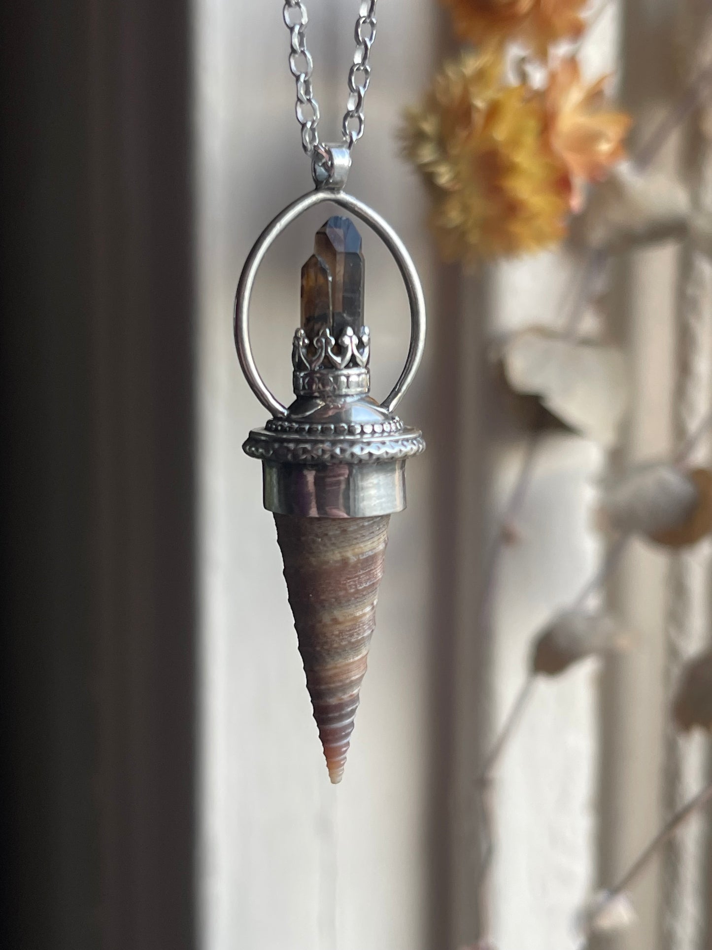 Ocean Royalty: Smokey Quartz Crystal Cone Shell Statement Necklace