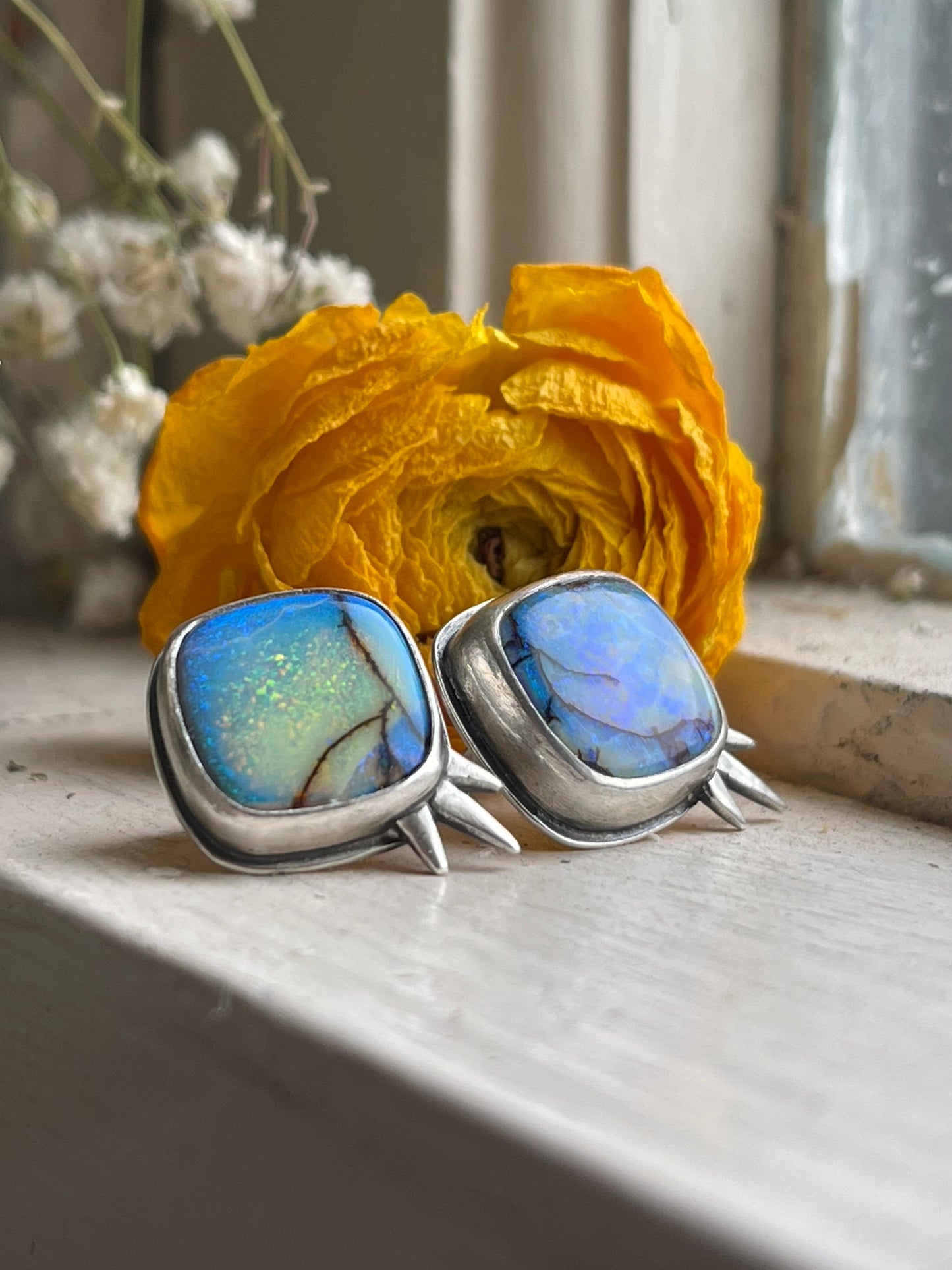 *Frost in the Flowers • Sterling Opal Stud Earrings • Sterling Silver