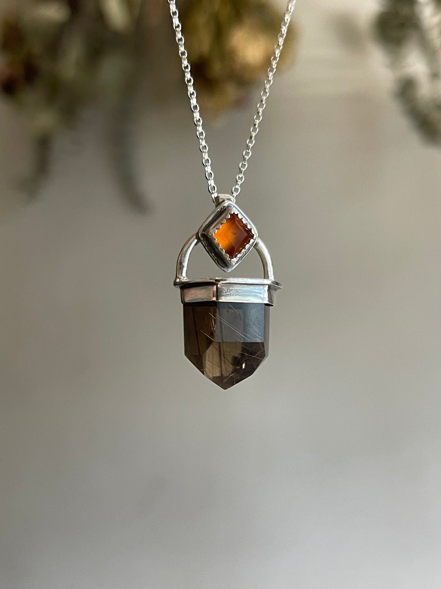 Gold in the Air of Summer • Golden Rutilated Smokey Quartz Crystal Garnet Necklace