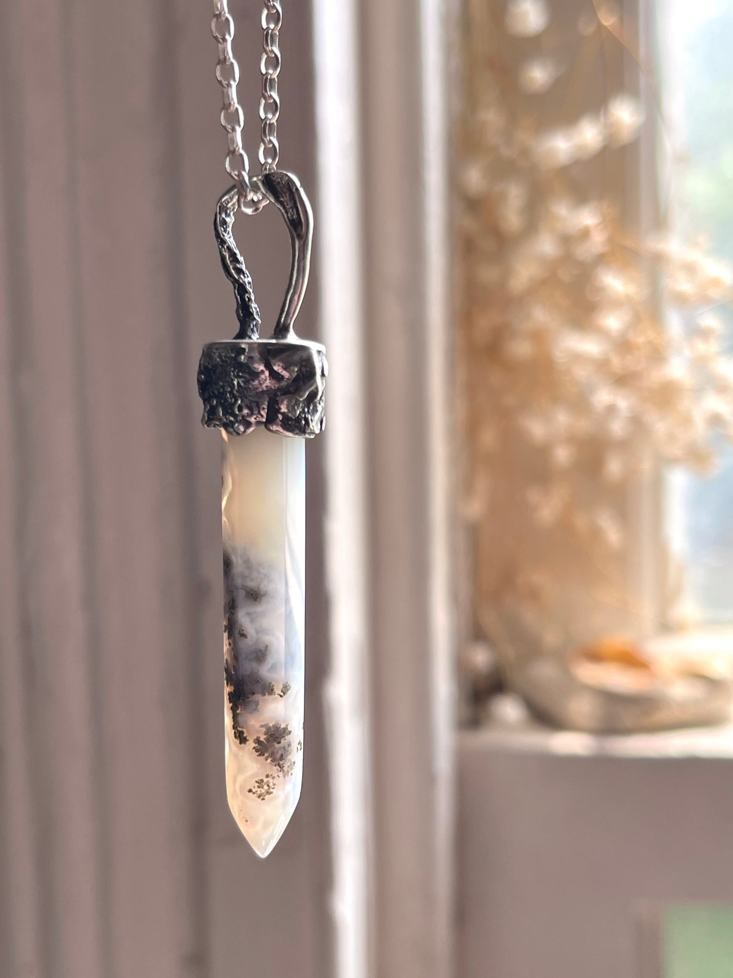 *Sea Mist • Moss Agate Crystal Pendant Necklace • Reticulated Silver
