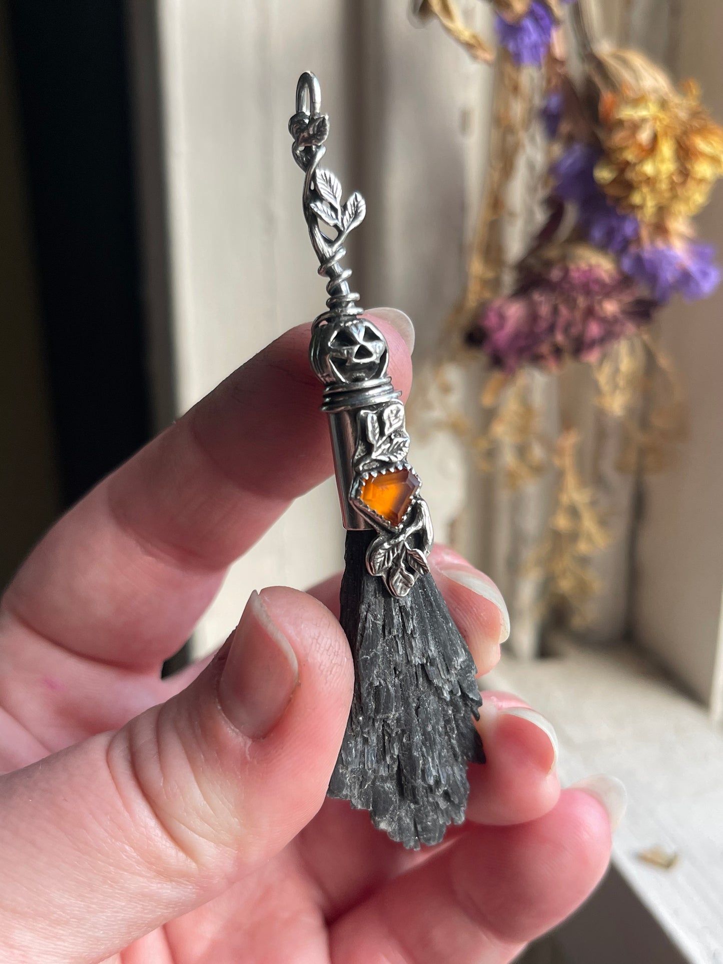 Glowing Garnet Pumpkin Autumn Witch Crystal Broom Pendant