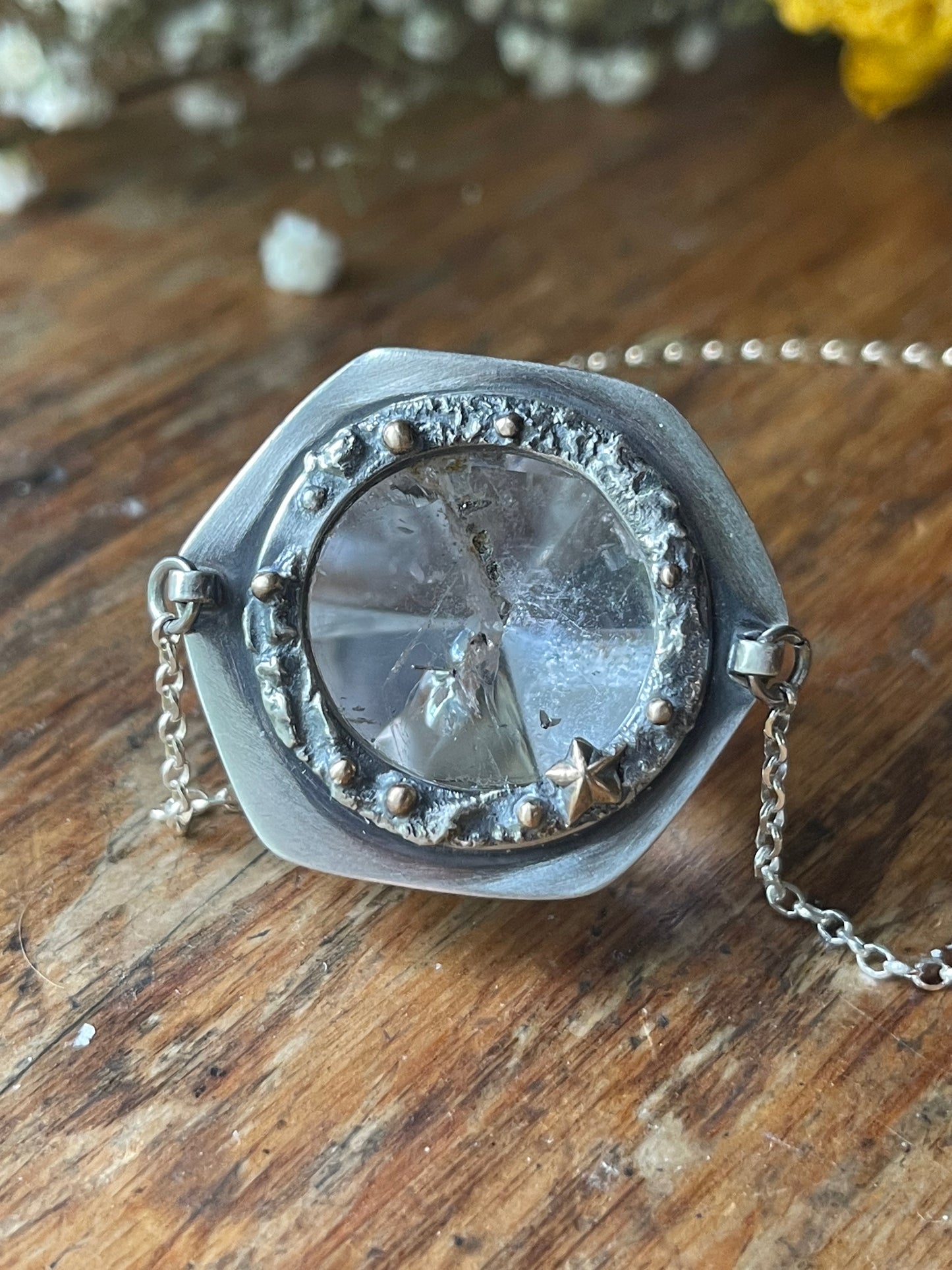 *Viking Gold • Included Quartz Kaleidoscope Statement Crystal Necklace • Sterling Silver & 14K Gold